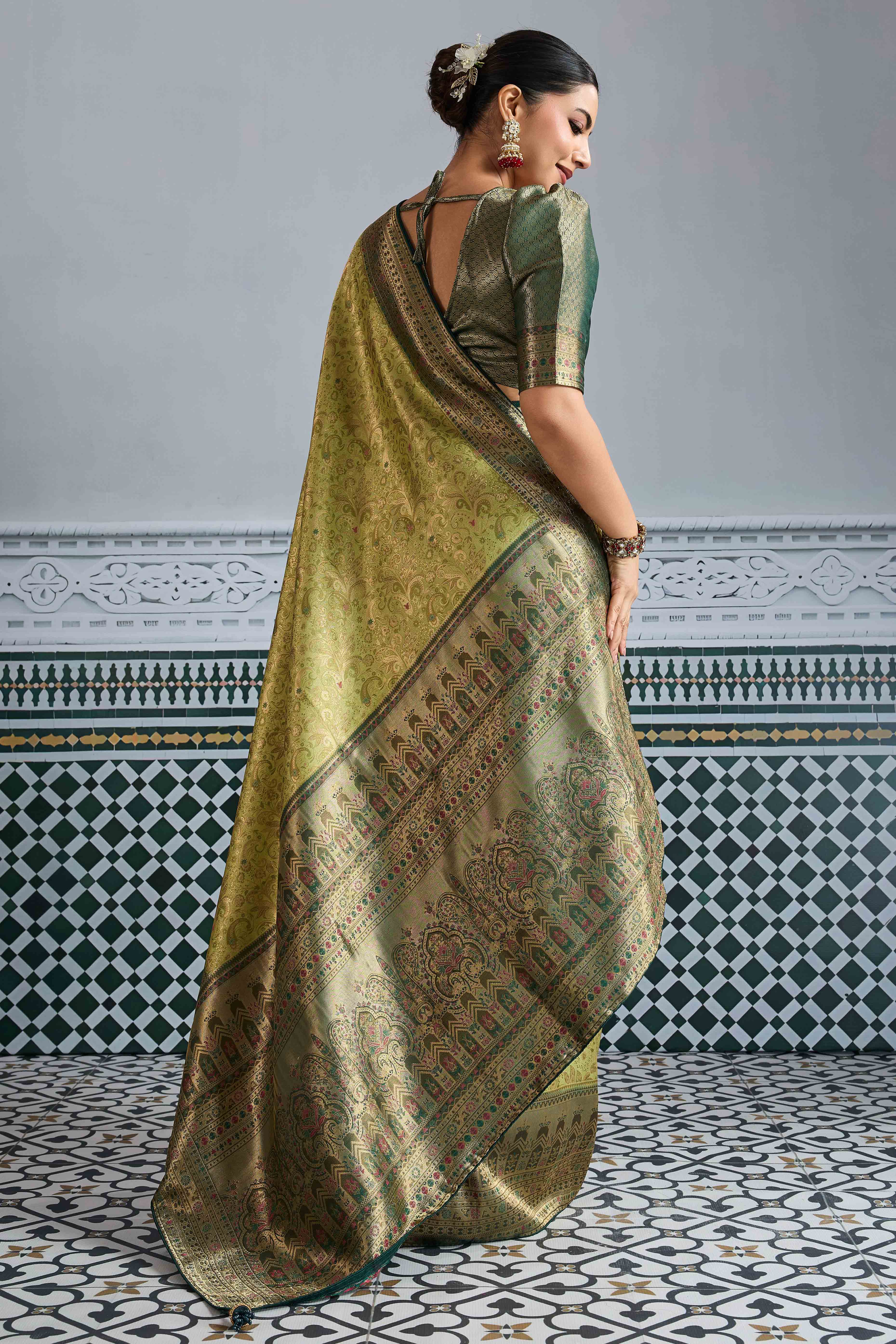 Pista Green Floral Meenakari Weaving Kanjivaram Silk Saree With Rich Piping & Tassel Pallu