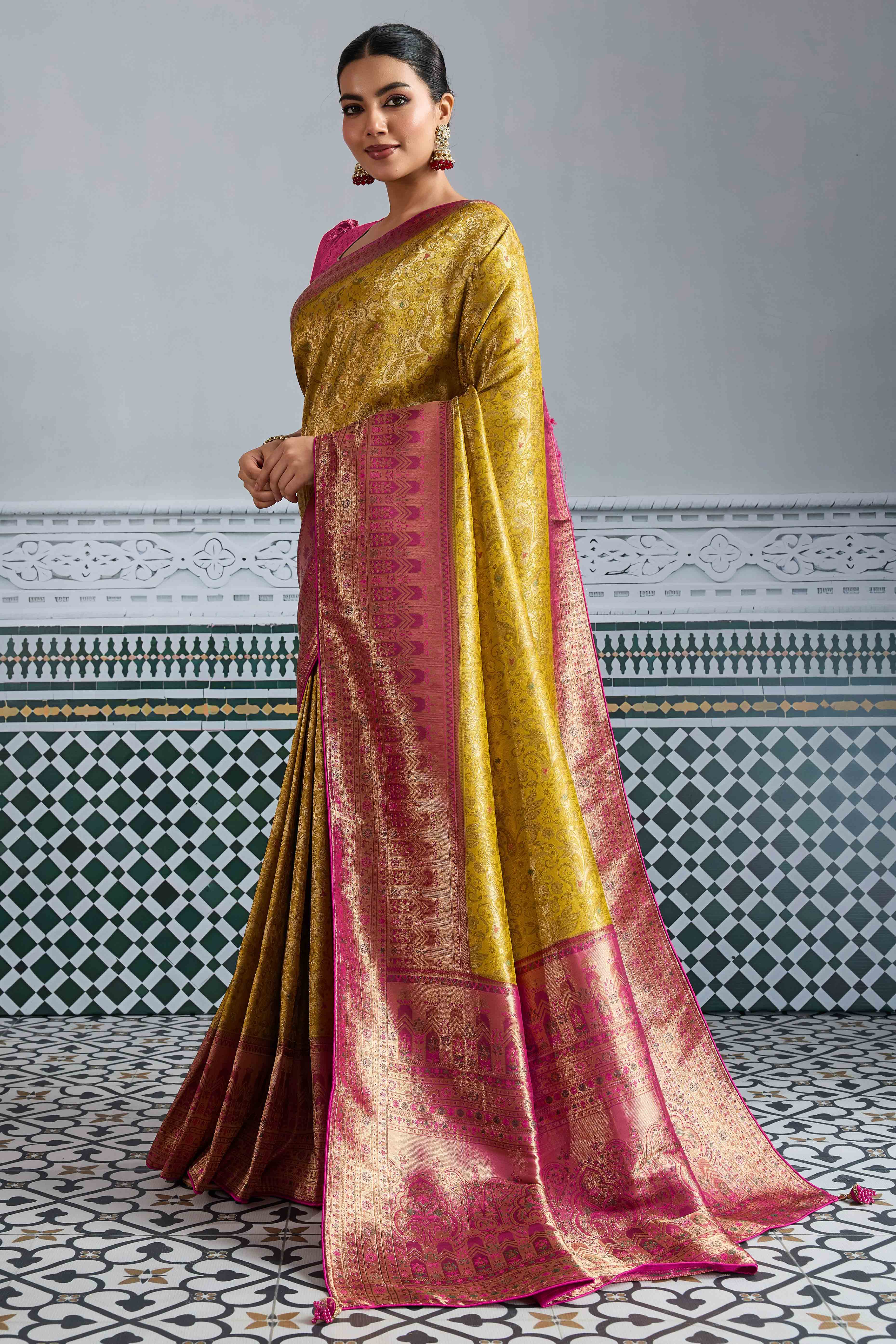 Mustard Floral Meenakari Weaving Kanjivaram Silk Saree With Rich Piping & Tassel Pallu