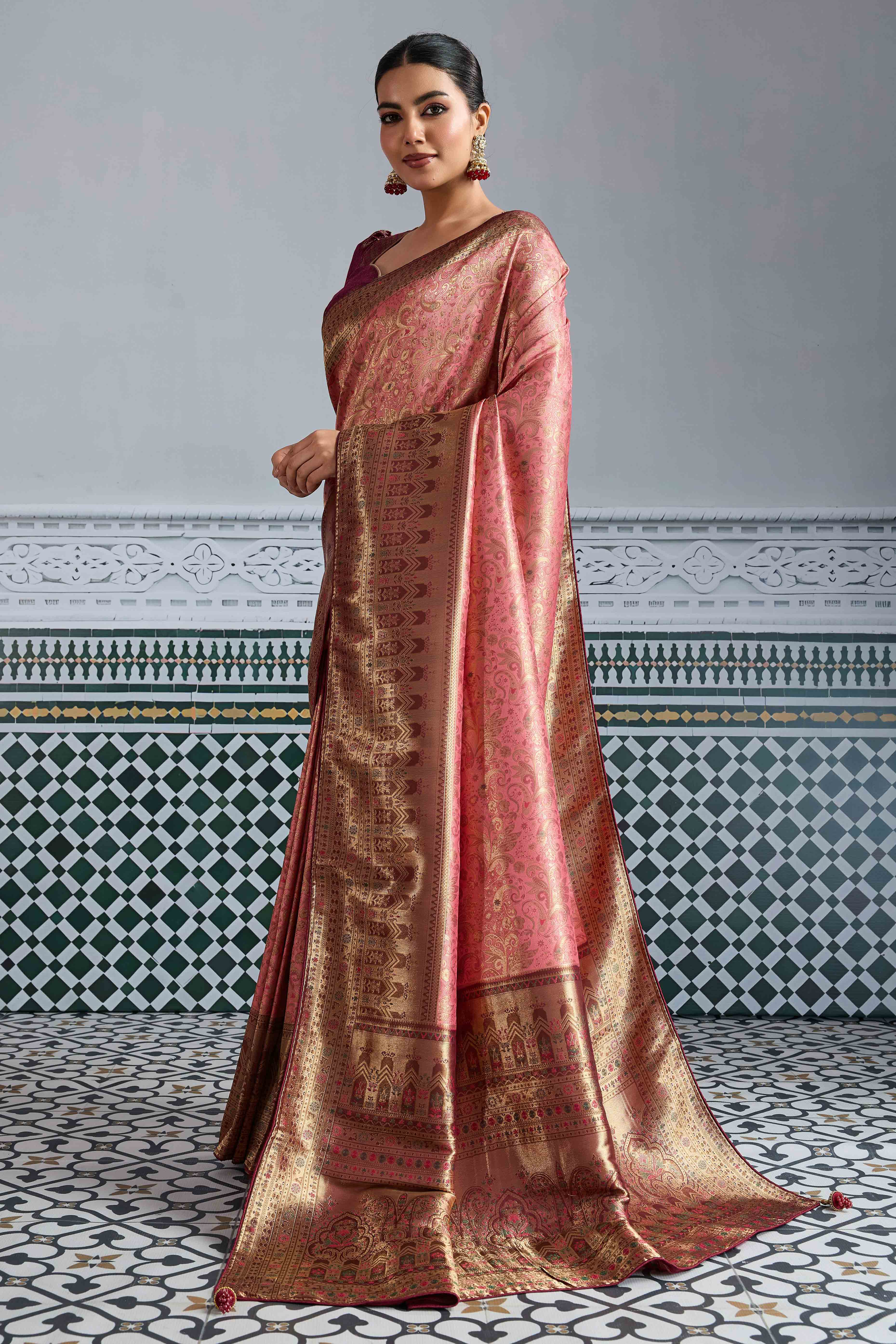 Pink Floral Meenakari Weaving Kanjivaram Silk Saree With Rich Piping & Tassel Pallu