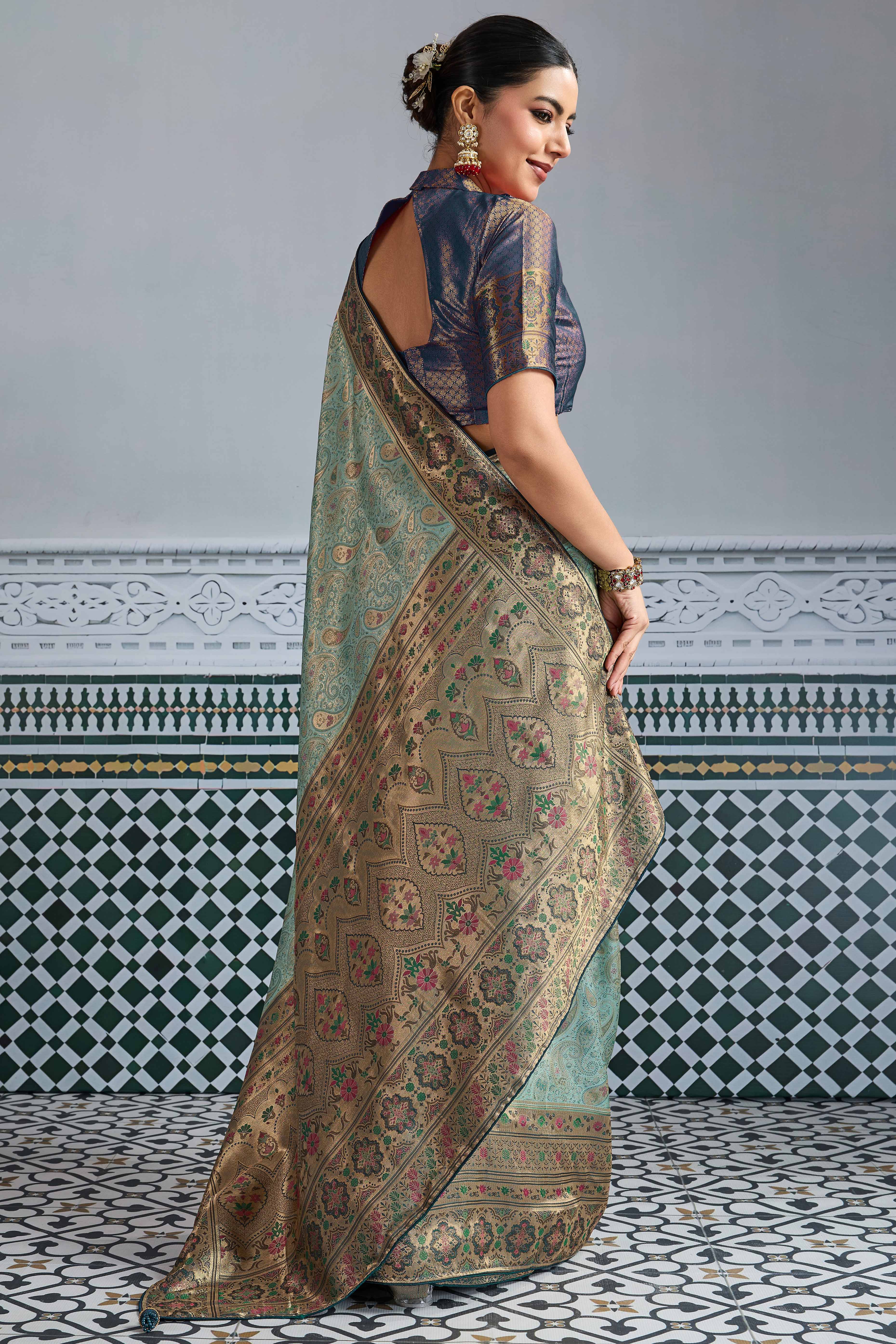 Sea Green Meenakari Woven Kanjivaram Silk Saree For Festive Elegance