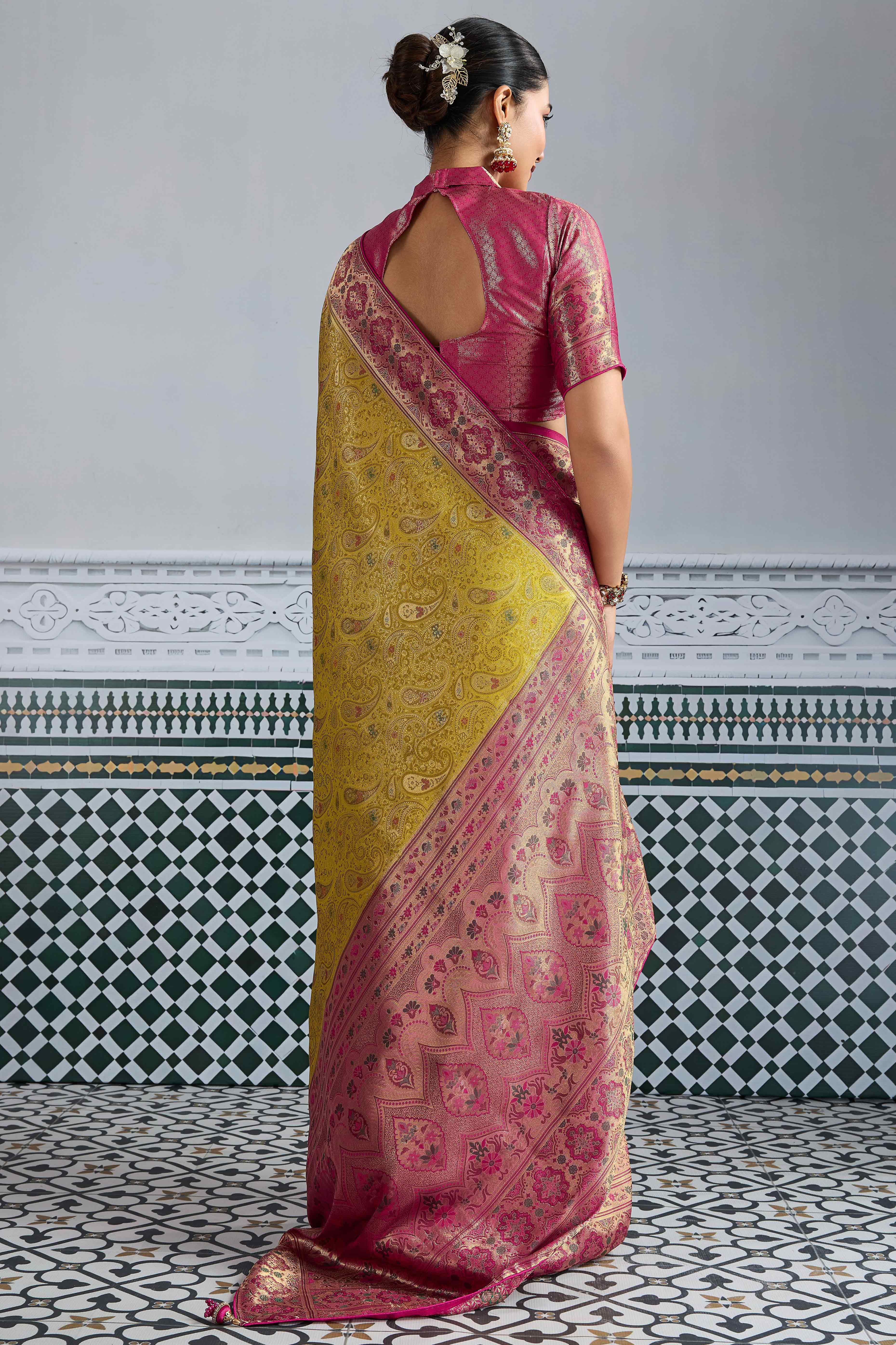 Mustard Meenakari Woven Kanjivaram Silk Saree For Festive Elegance