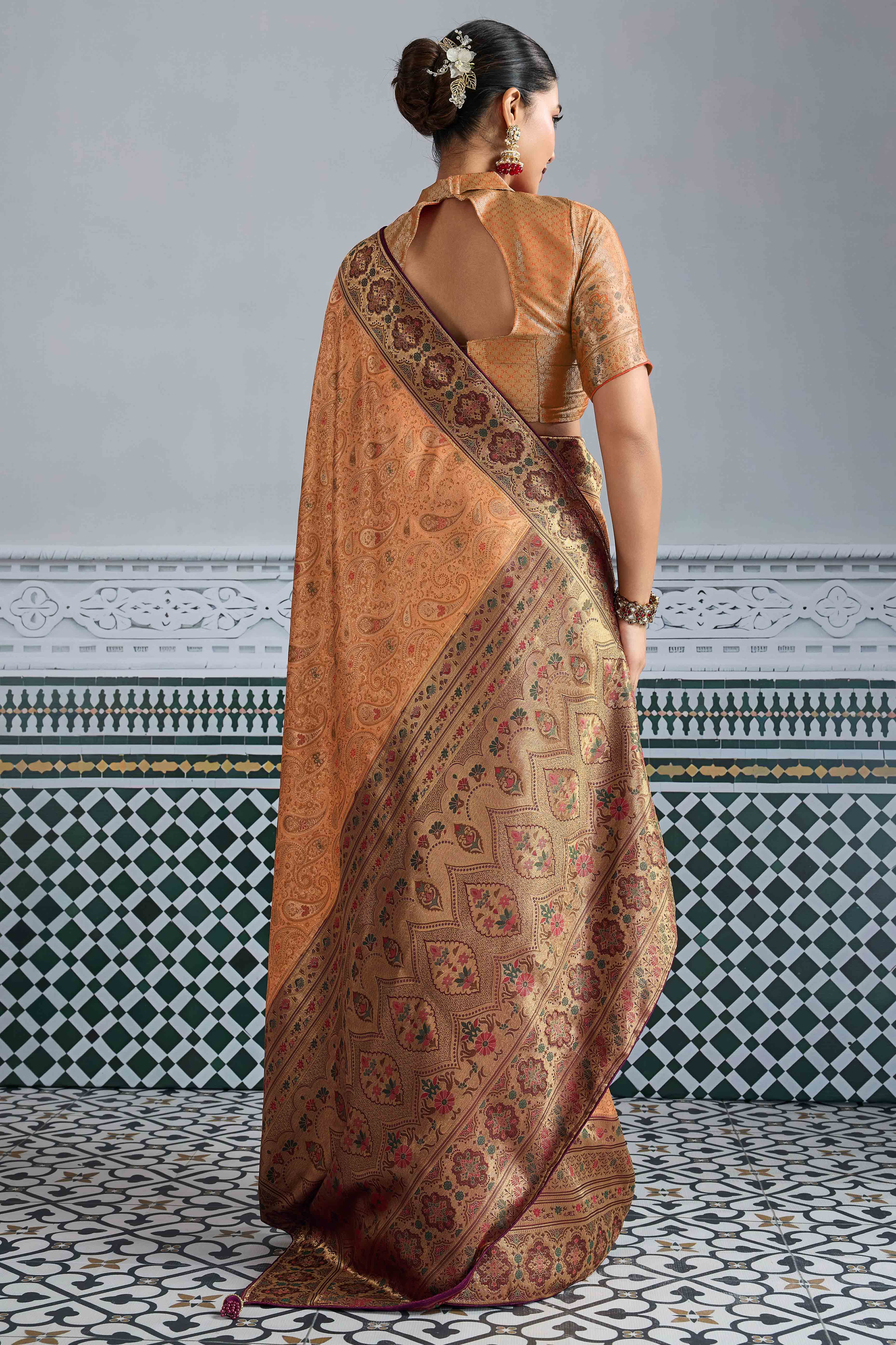 Peach Meenakari Woven Kanjivaram Silk Saree For Festive Elegance