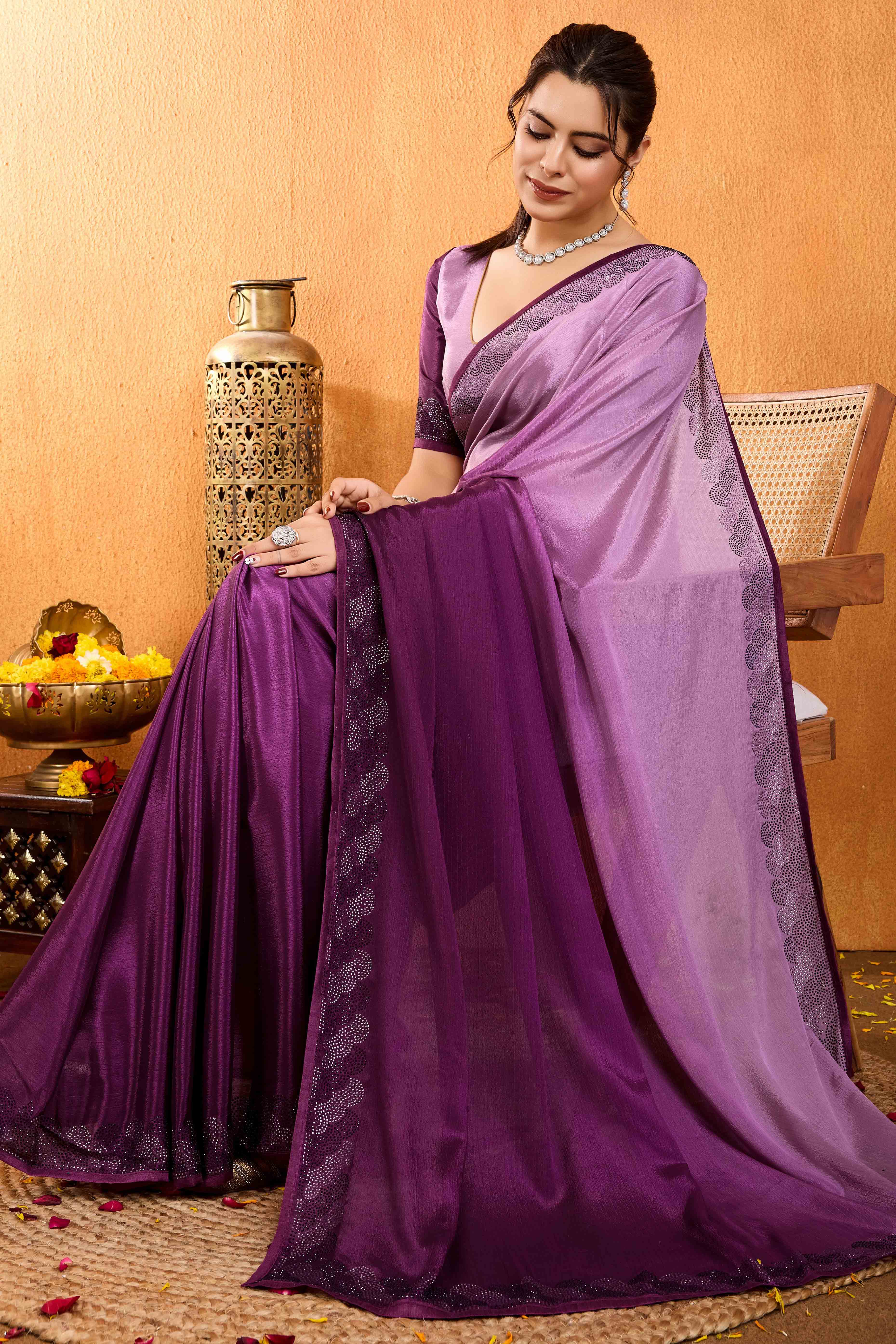 Wine Dual Tone Swarovski Work Chinon Ombre Saree