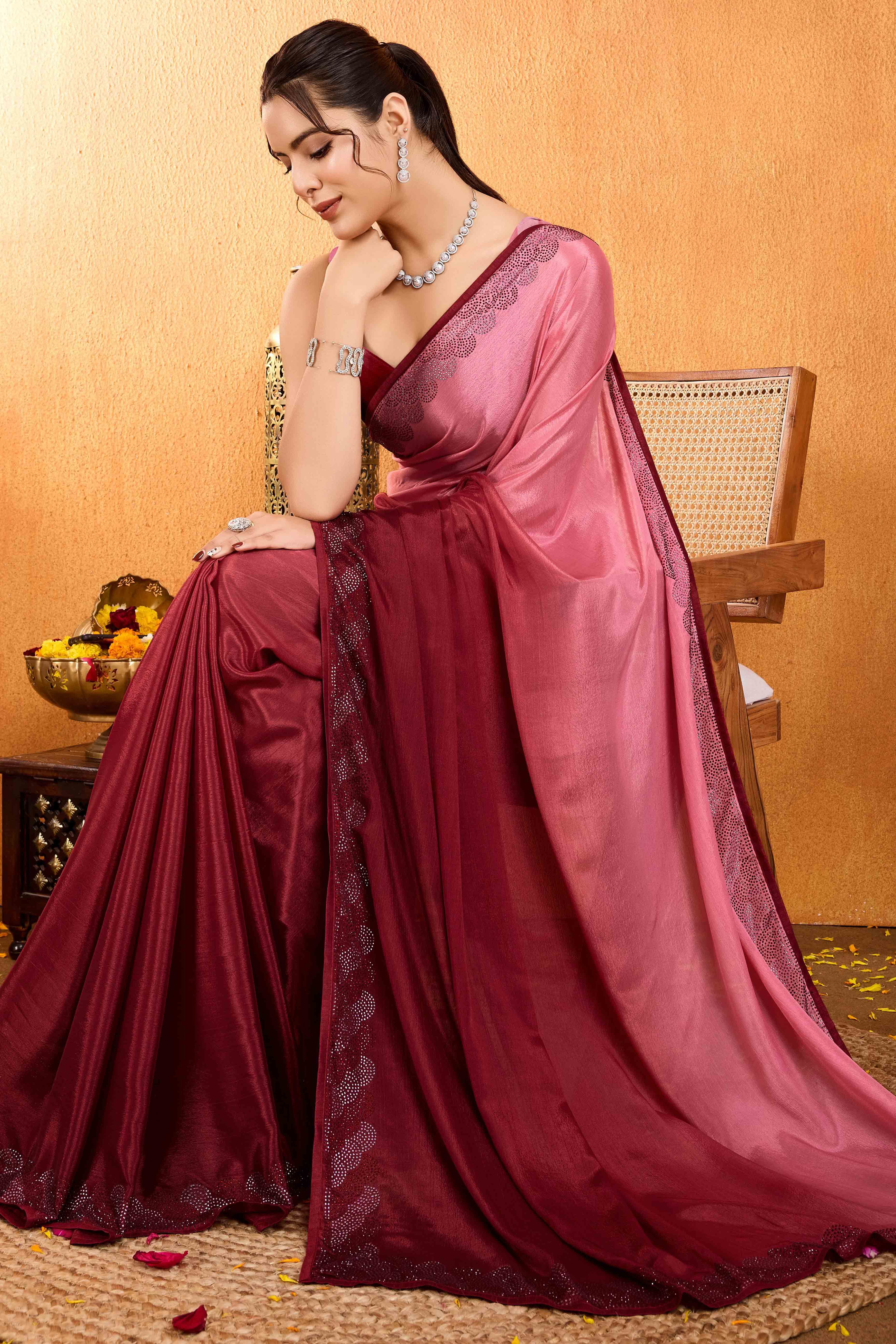 Maroon Dual Tone Swarovski Work Chinon Ombre Saree