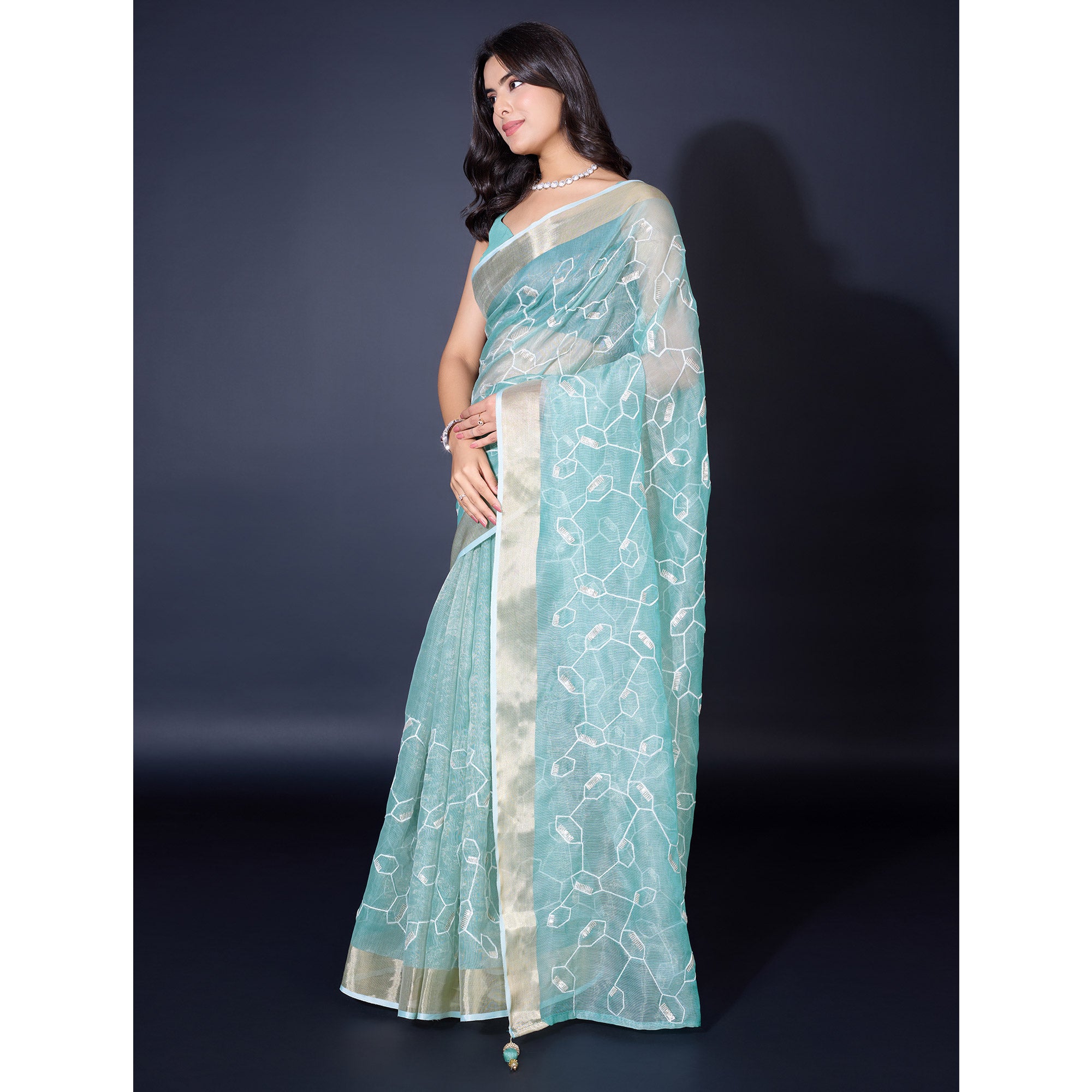 Blue Sequins Embroidered Cotton Silk Saree