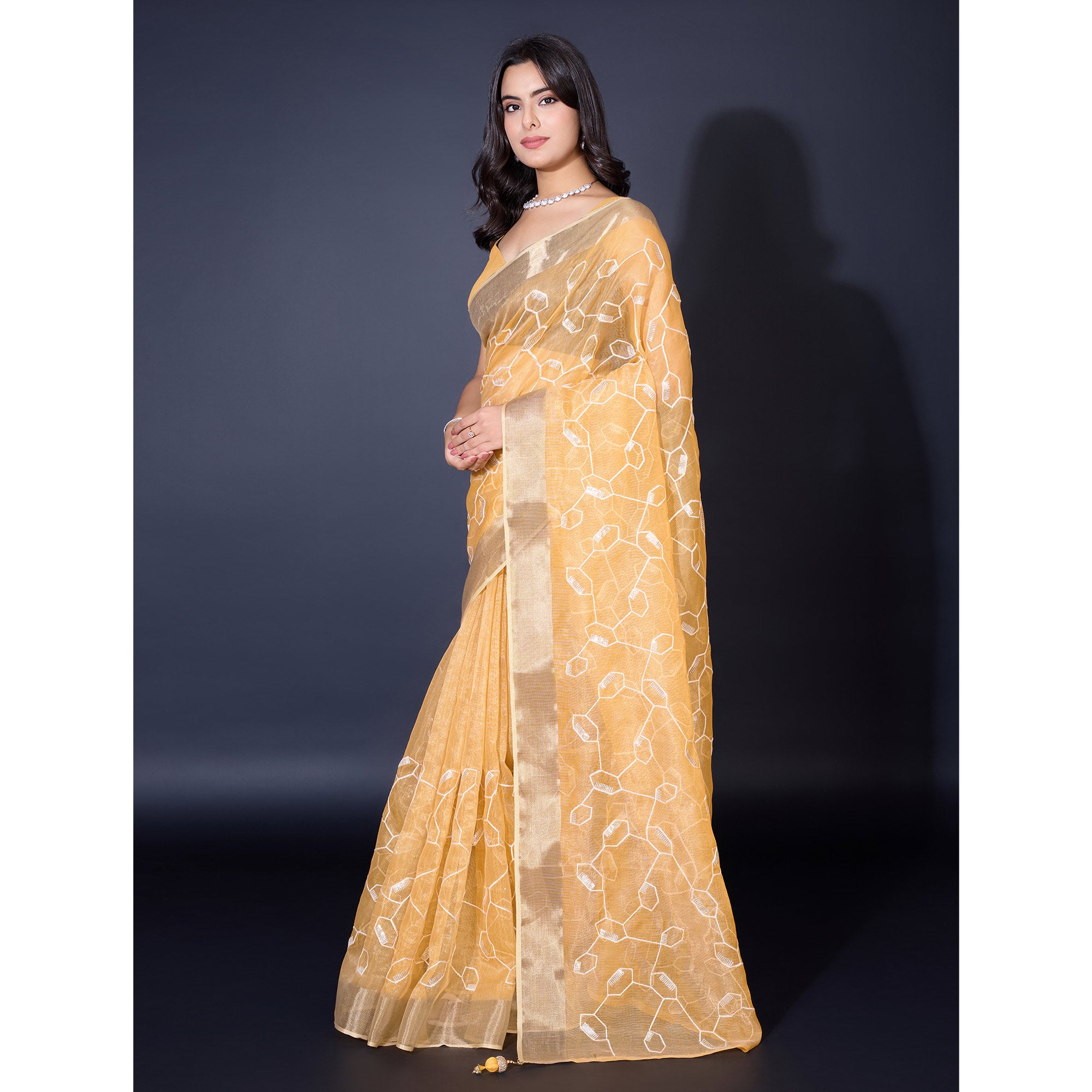 Yellow Sequins Embroidered Cotton Silk Saree