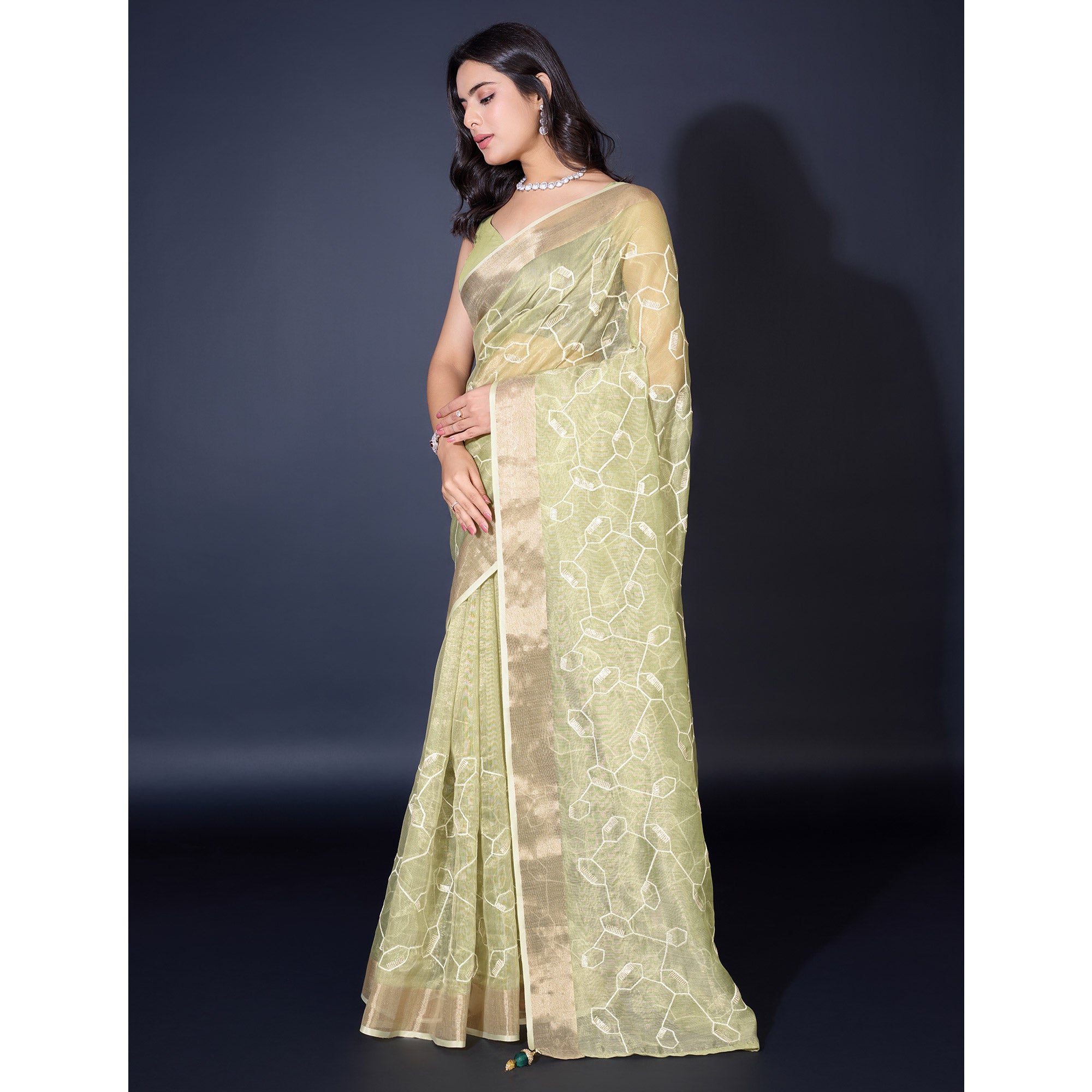 Green Sequins Embroidered Cotton Silk Saree