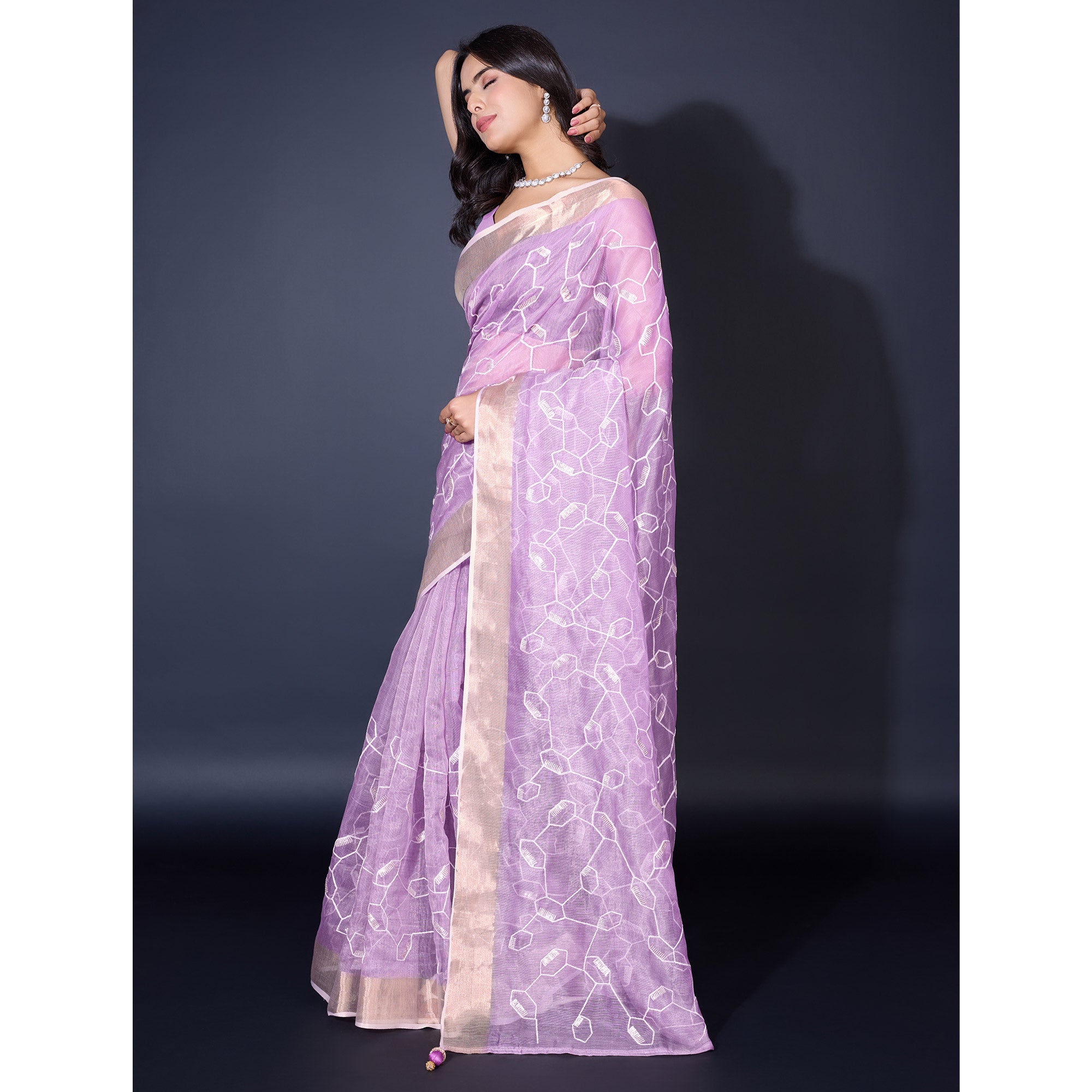 Lavender Sequins Embroidered Cotton Silk Saree