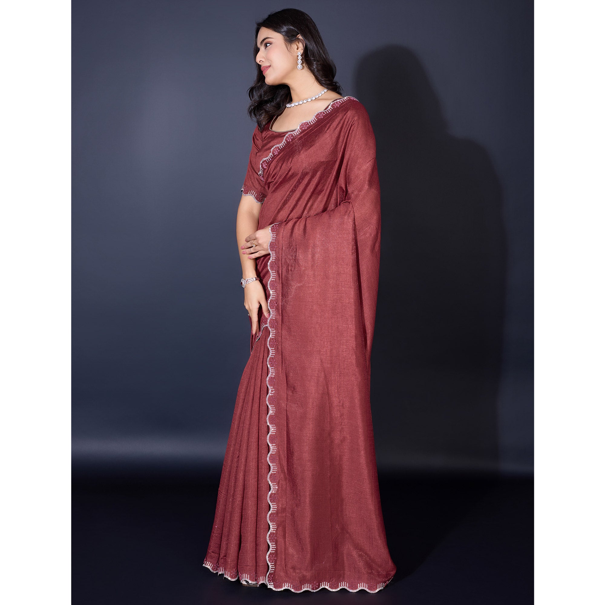 Brown Pearl Work Embroidered Khaadi Saree