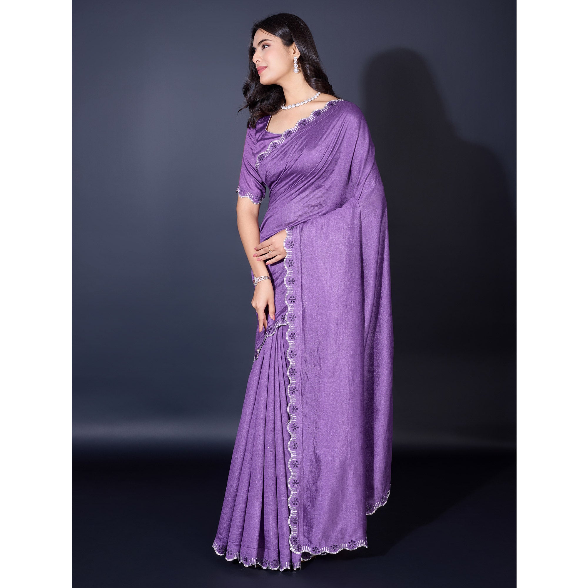 Lavender Pearl Work Embroidered Khaadi Saree