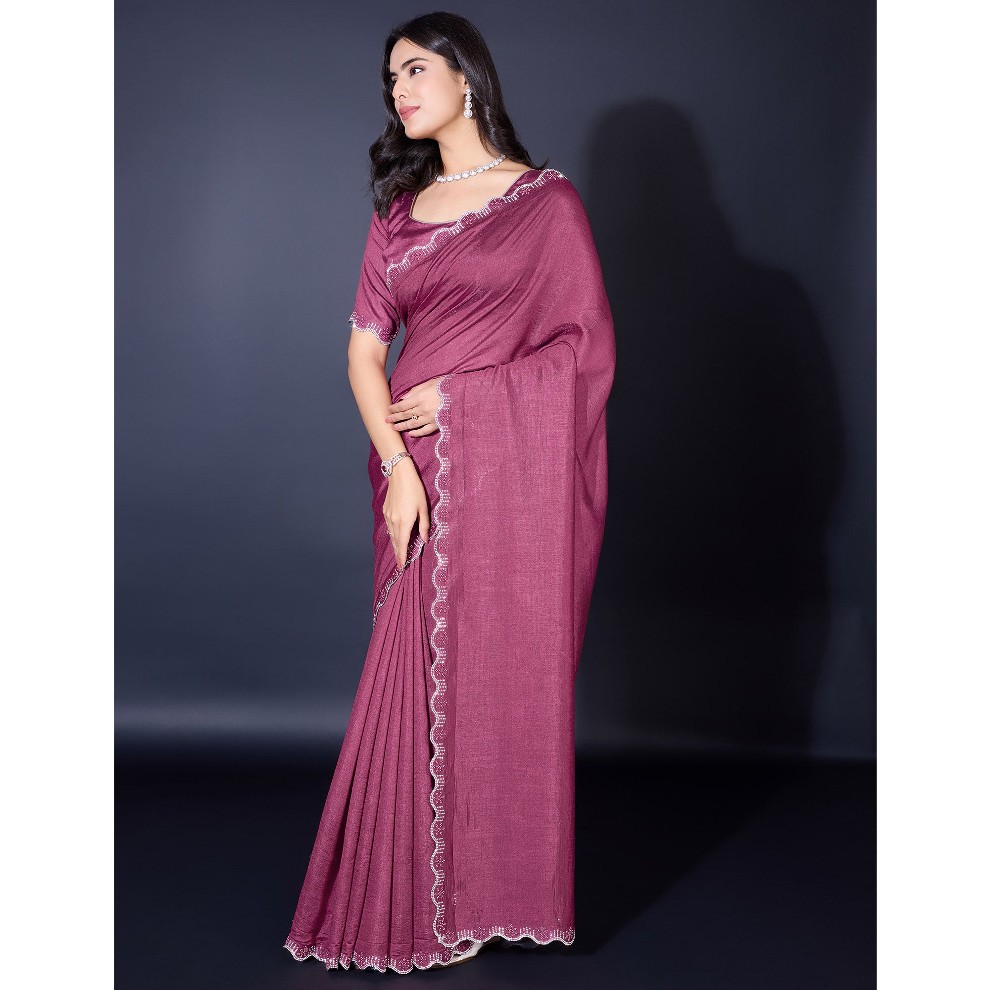 Mauve Pearl Work Embroidered Khaadi Saree