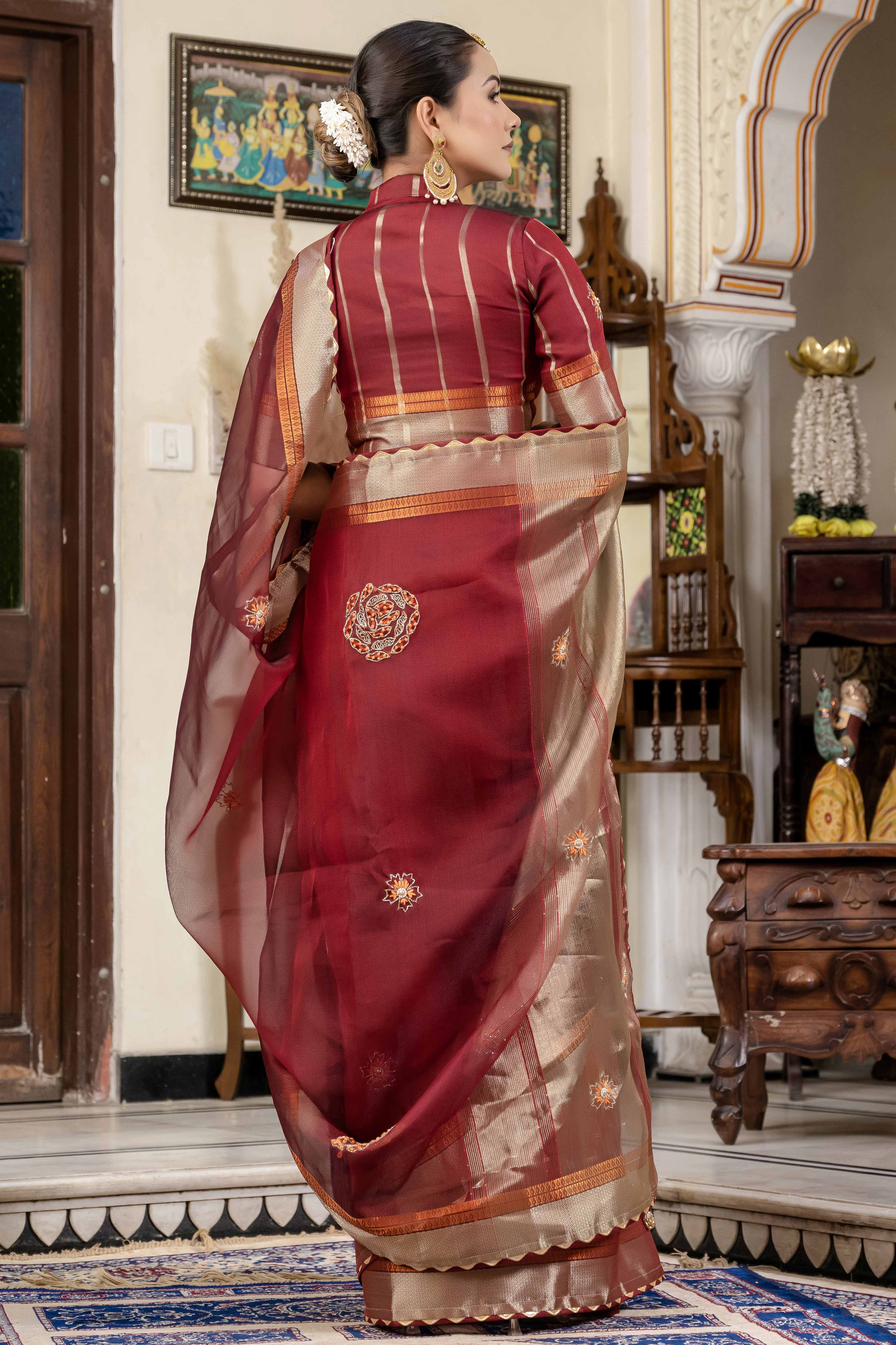 Maroon Floral Beads & Cutdana Handwork Kota Linen Saree With Zari Woven Pallu