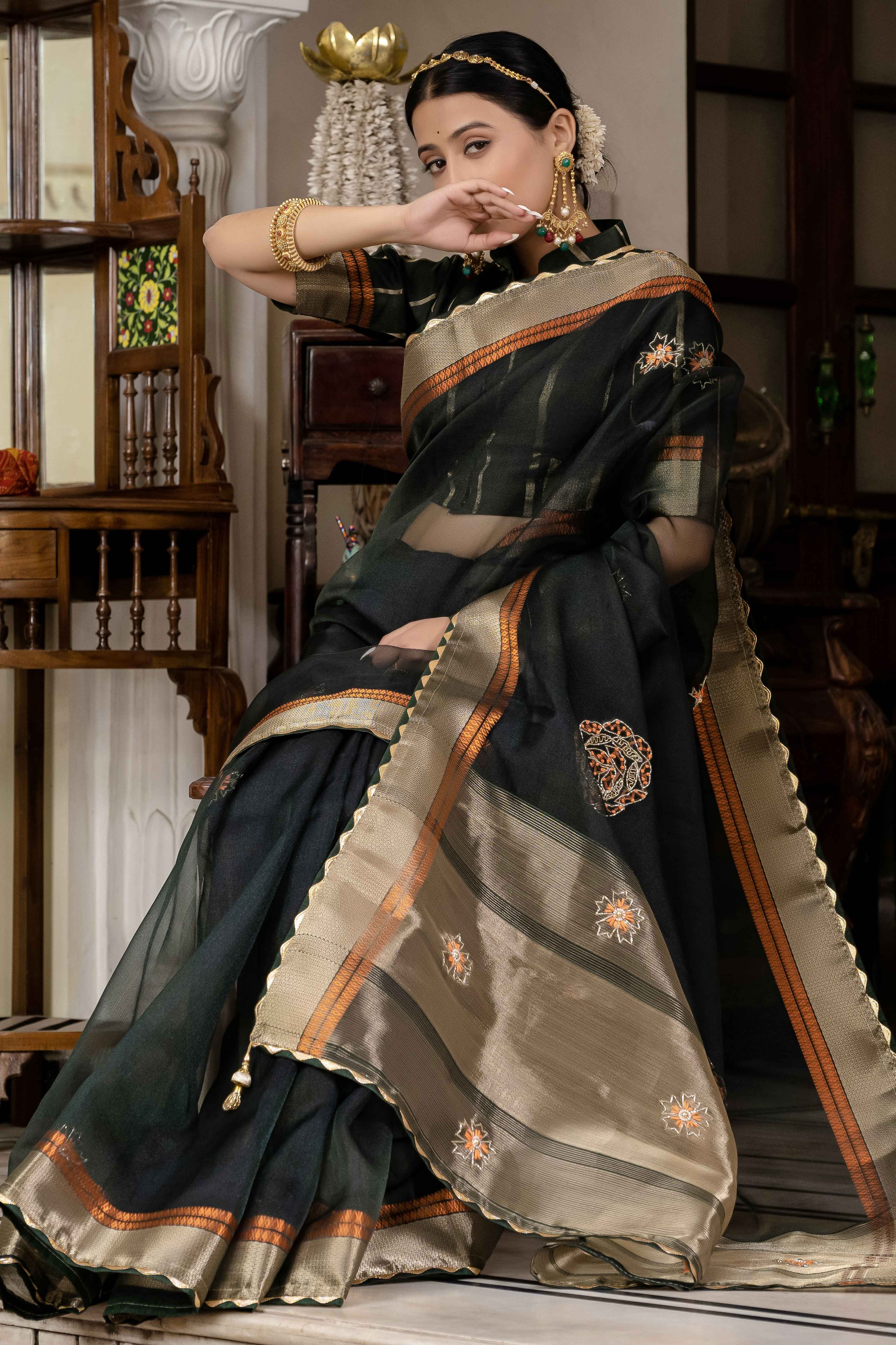 Bottle Green Floral Beads & Cutdana Handwork Kota Linen Saree With Zari Woven Pallu