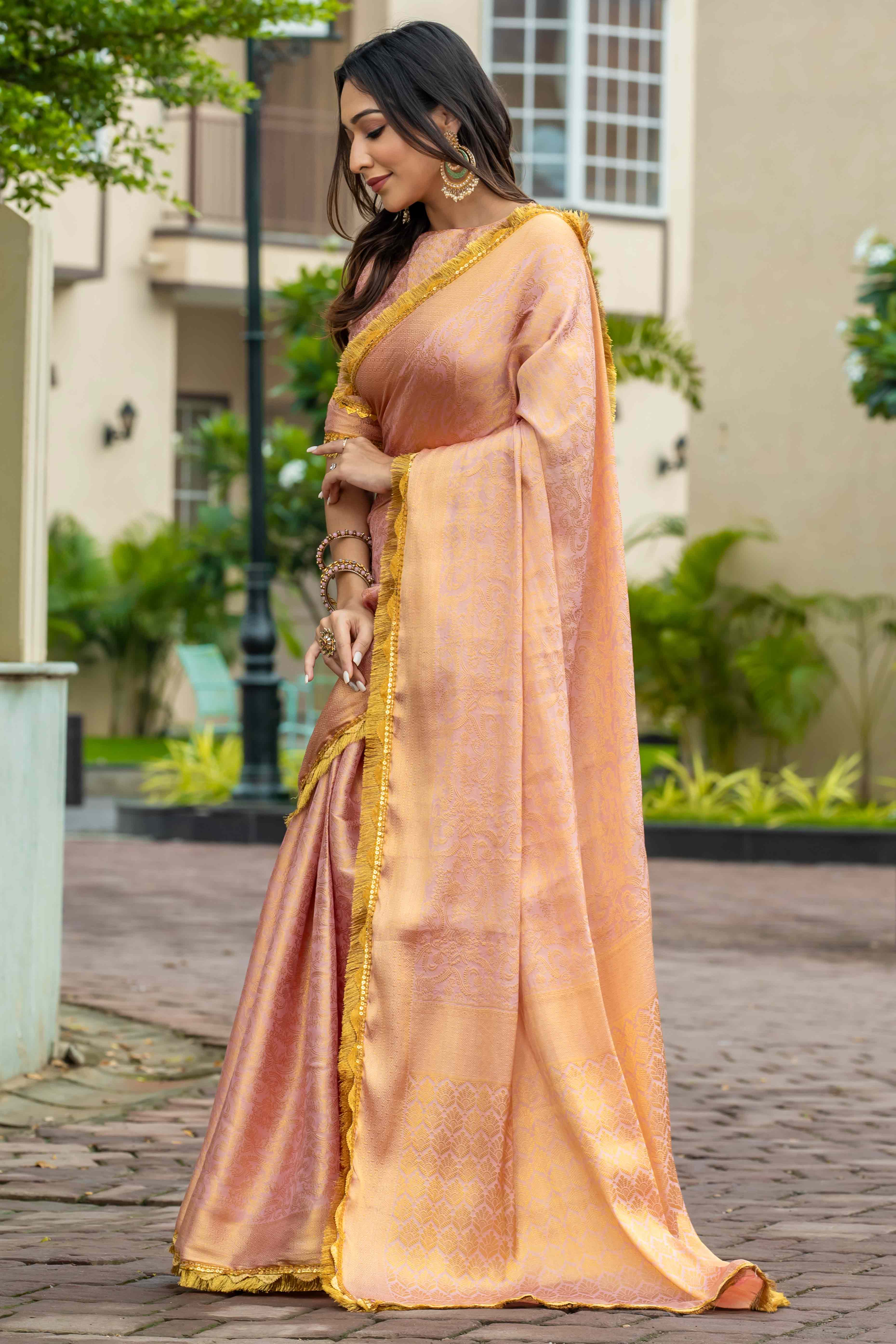 Peach Zari Weaving Mysore Brocade Silk Saree With Zari Border