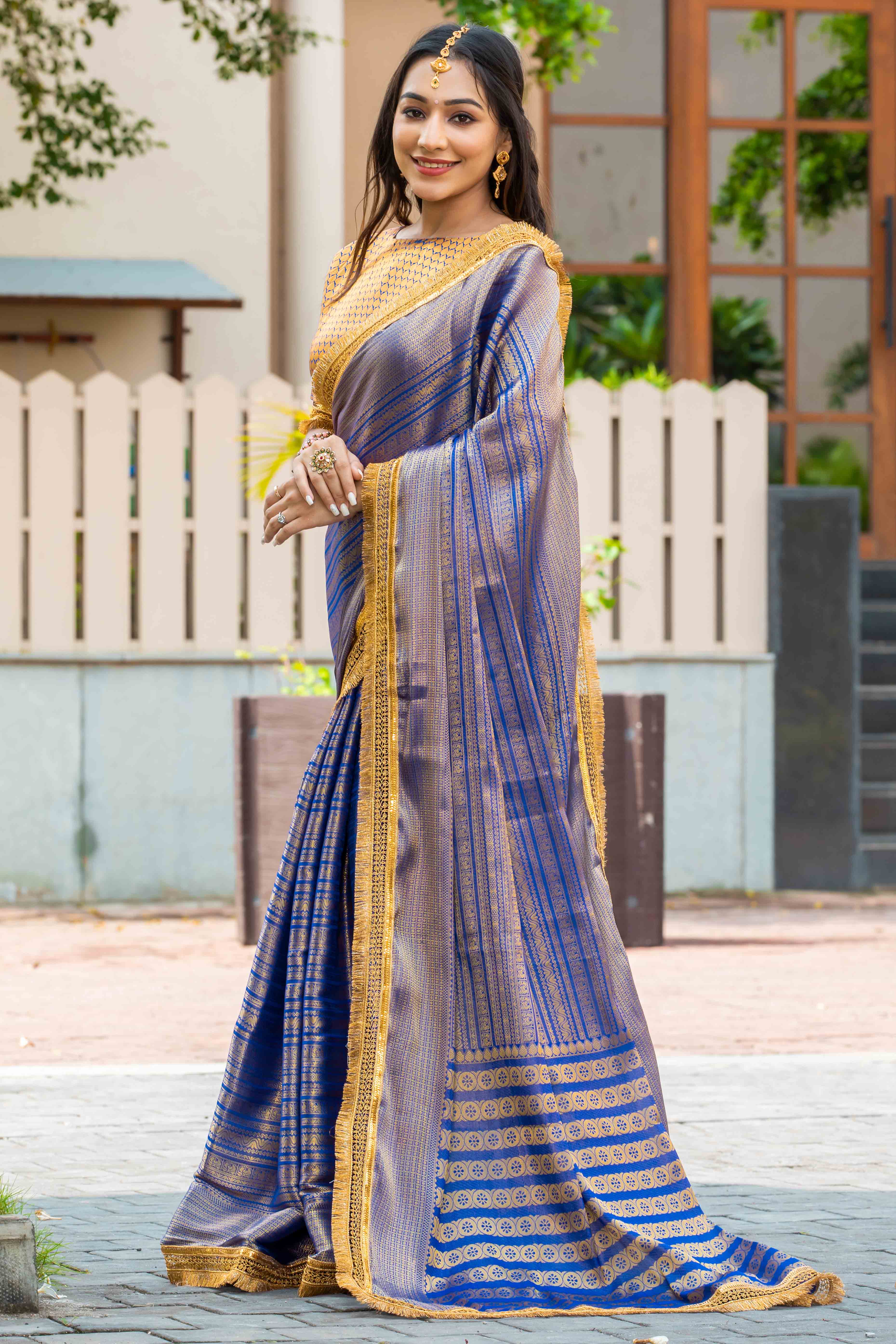 Blue Zari Weaving Mysore Brocade Silk Saree With Zari Border