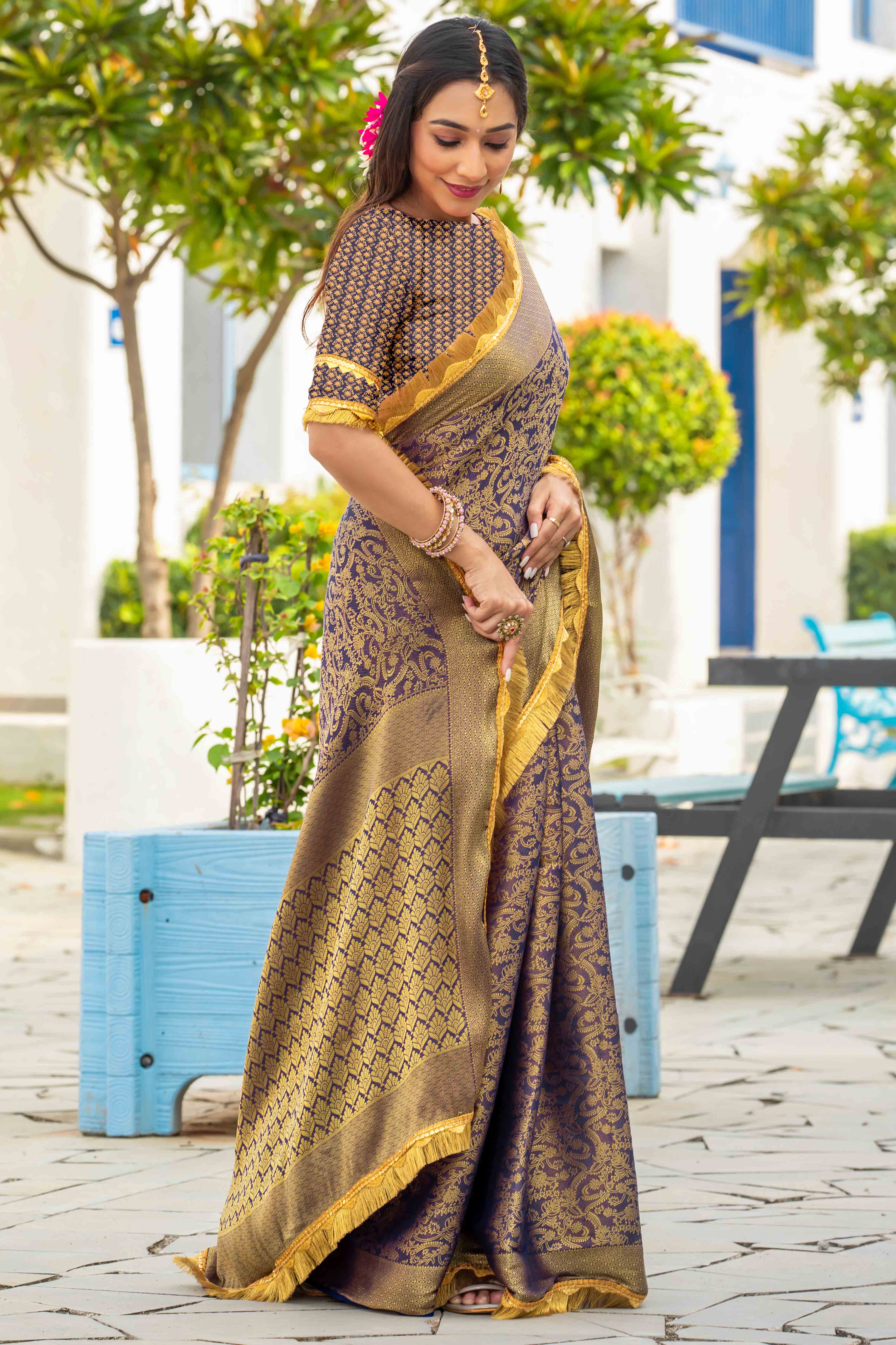 Blue Zari Weaving Mysore Brocade Silk Saree With Zari Border