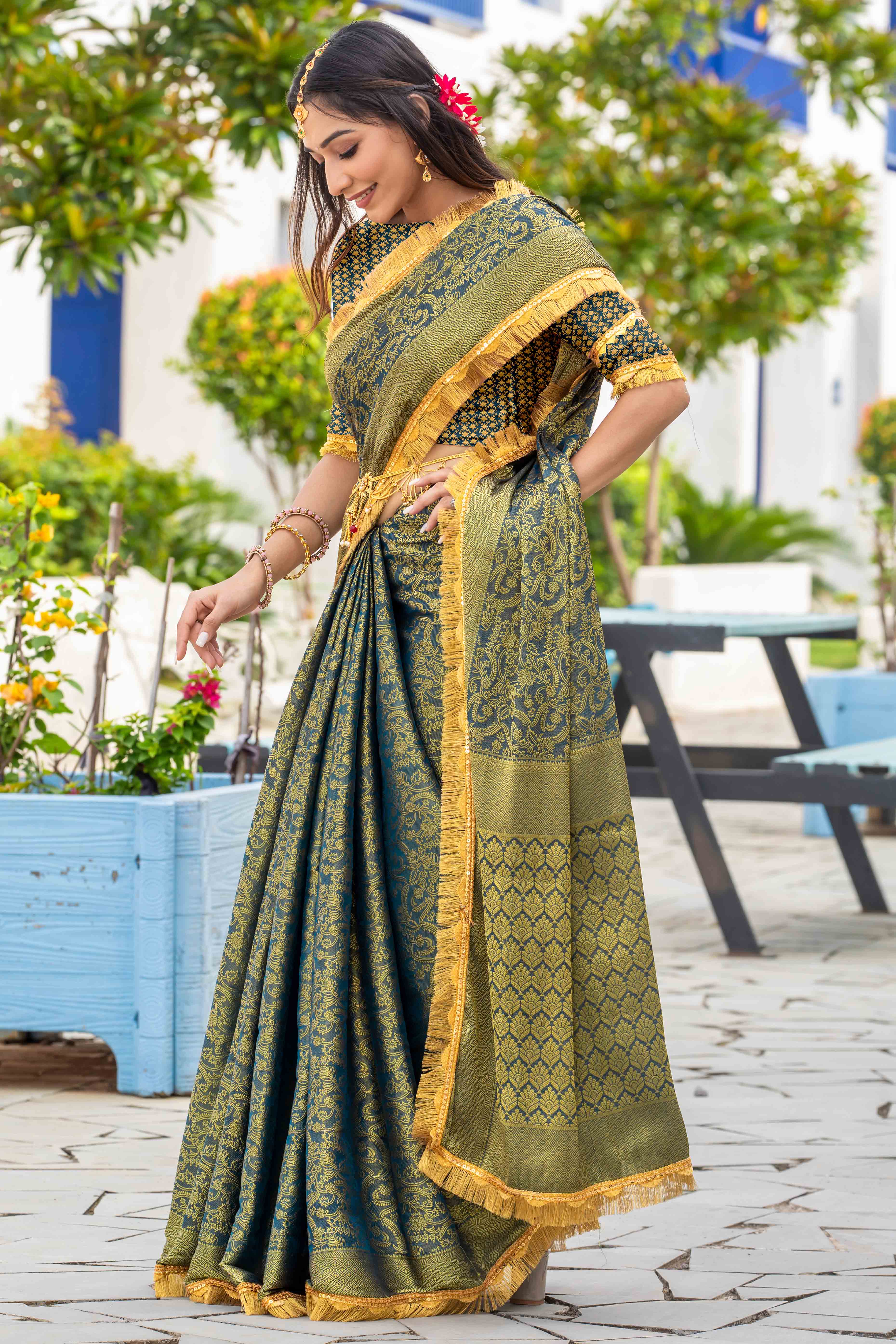 Teal Zari Weaving Mysore Brocade Silk Saree With Zari Border