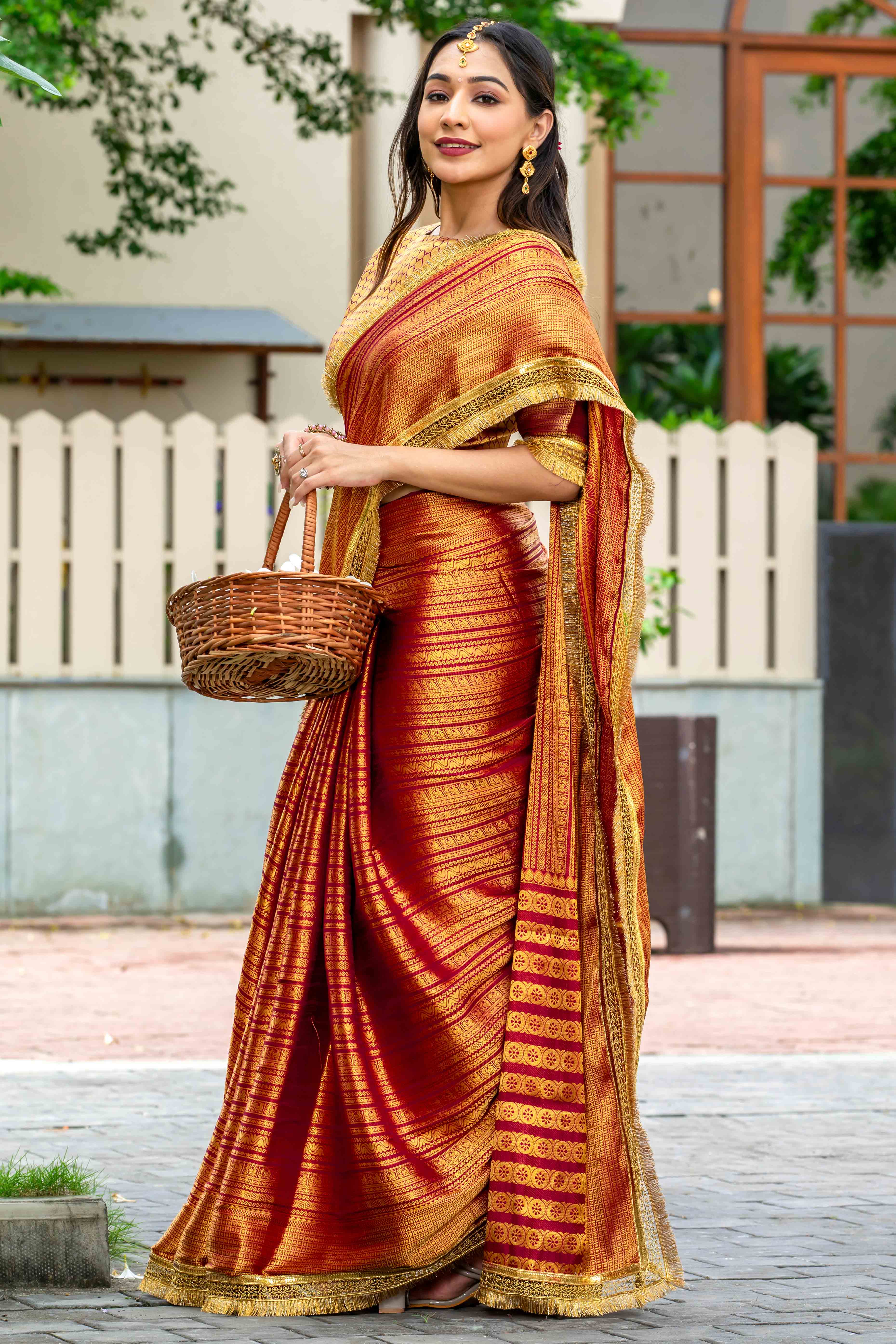 Red Zari Weaving Mysore Brocade Silk Saree With Zari Border