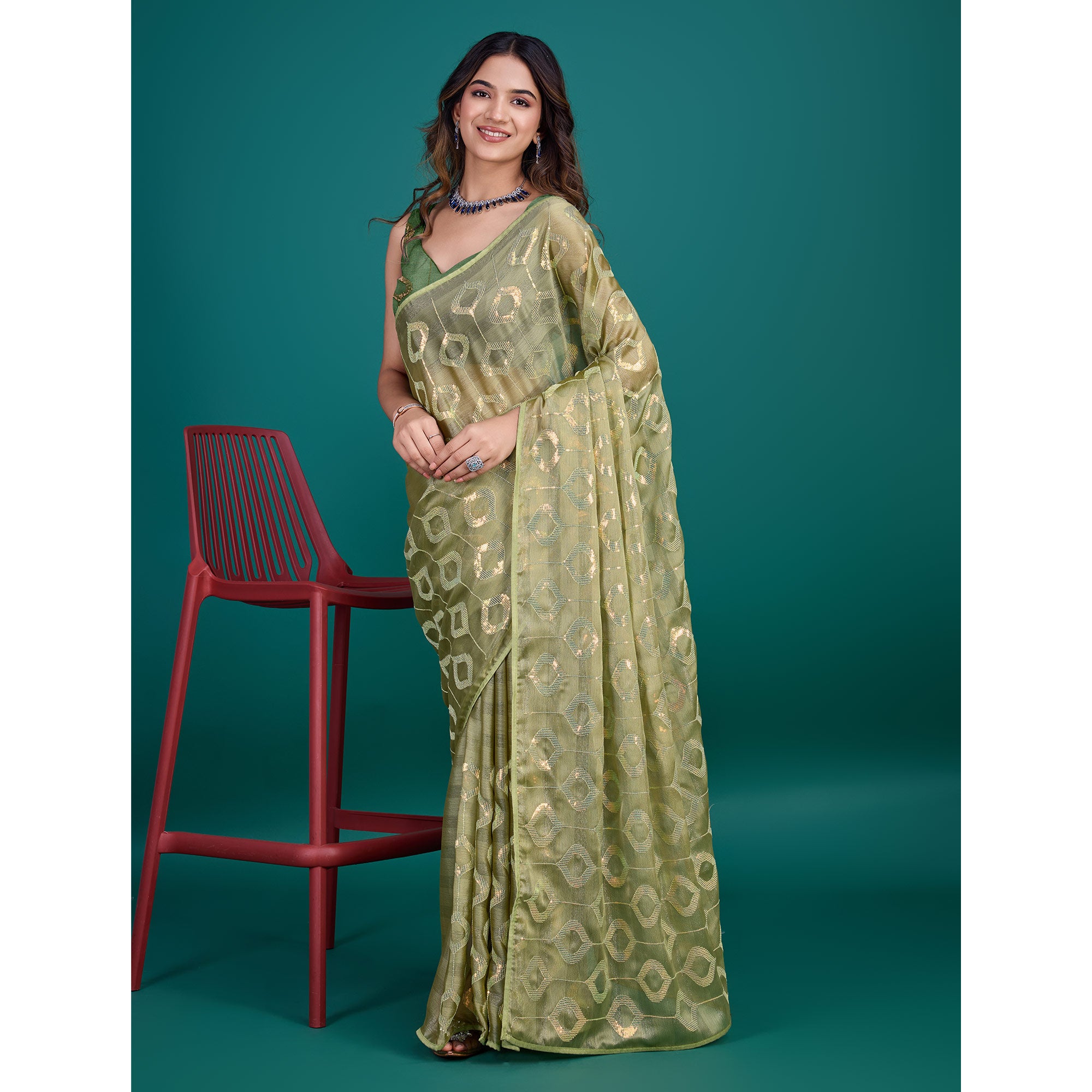 Green Sequins Embroidered Georgette Saree