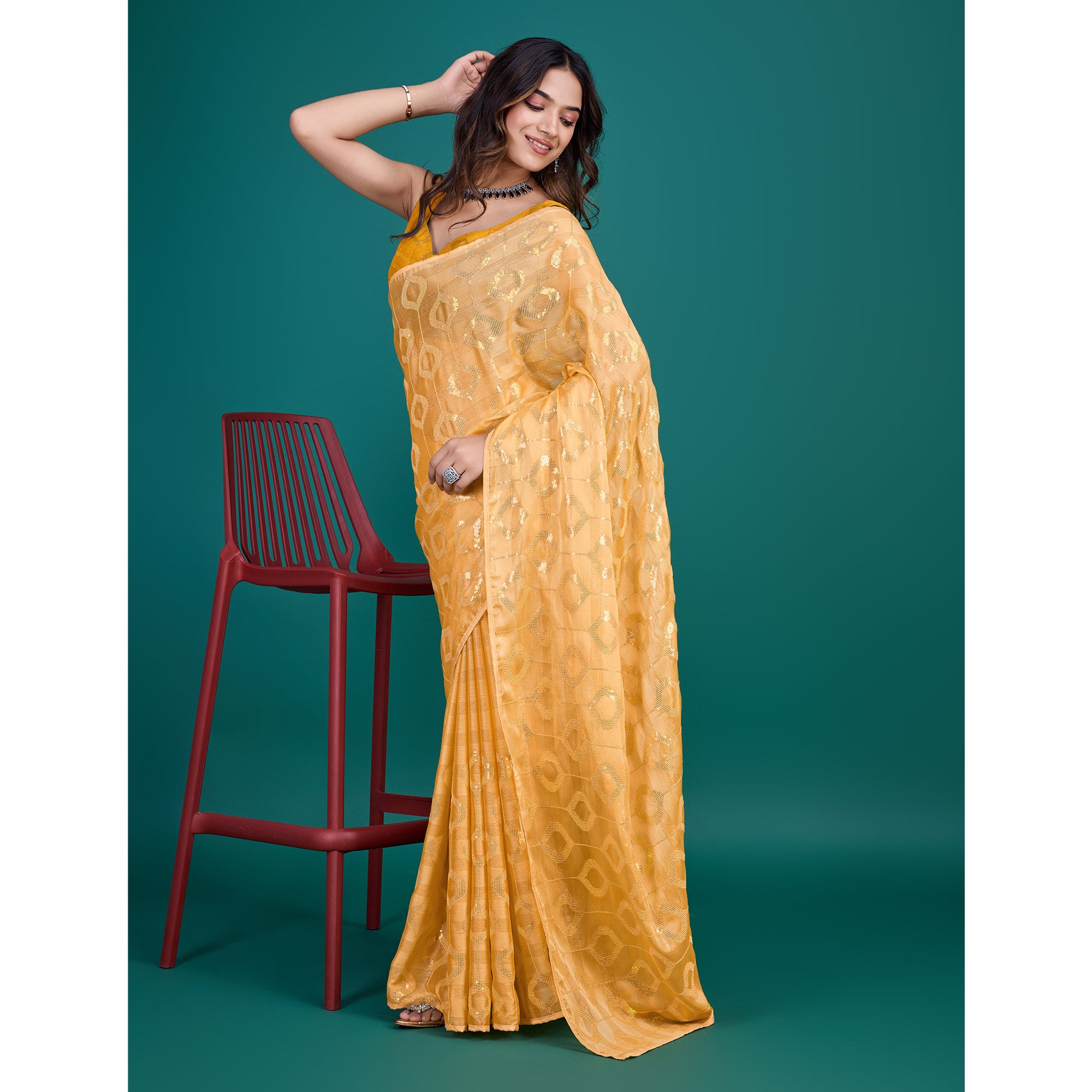 Yellow Sequin Embroidered Georgette Saree