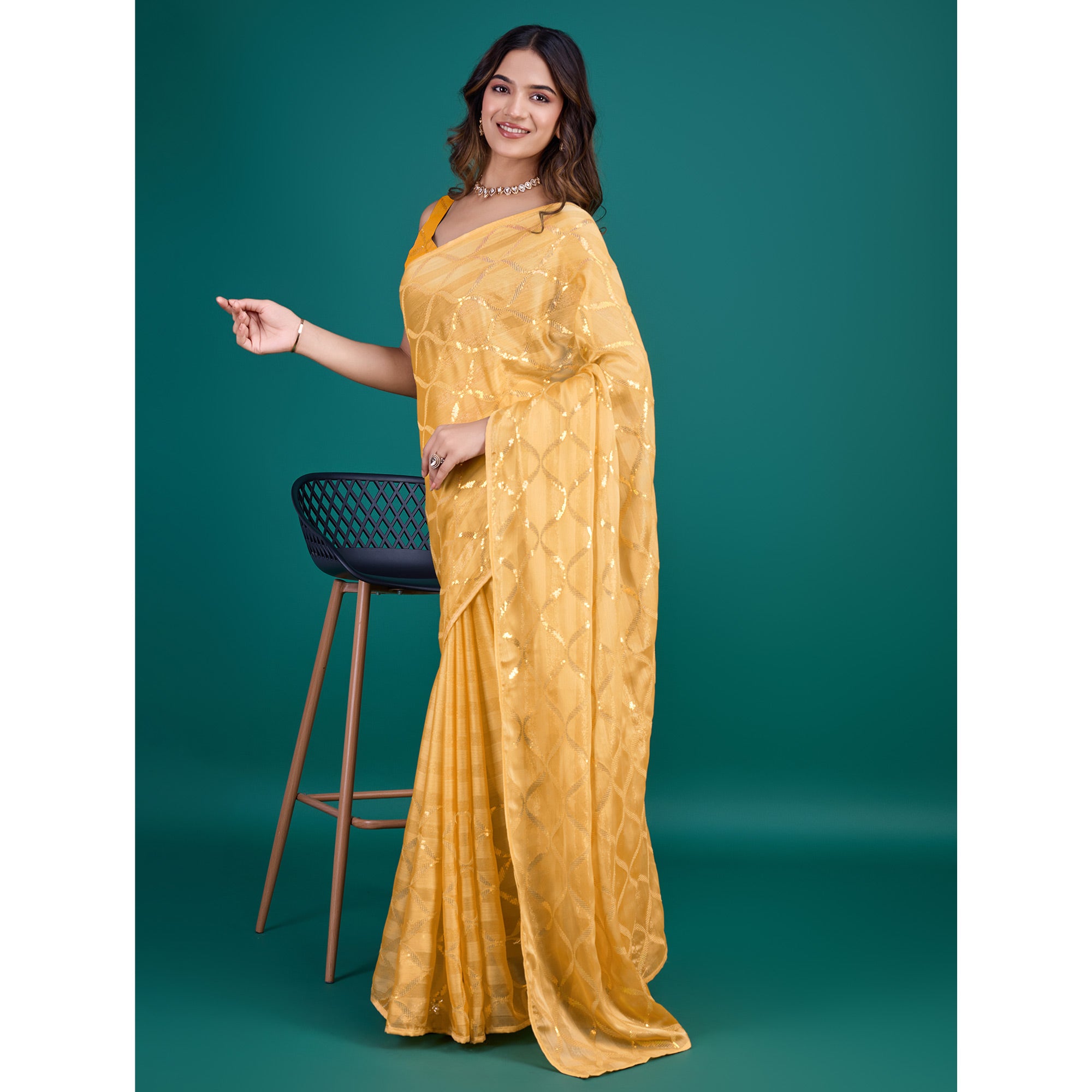 Yellow Sequins Embroidered Georgette Saree