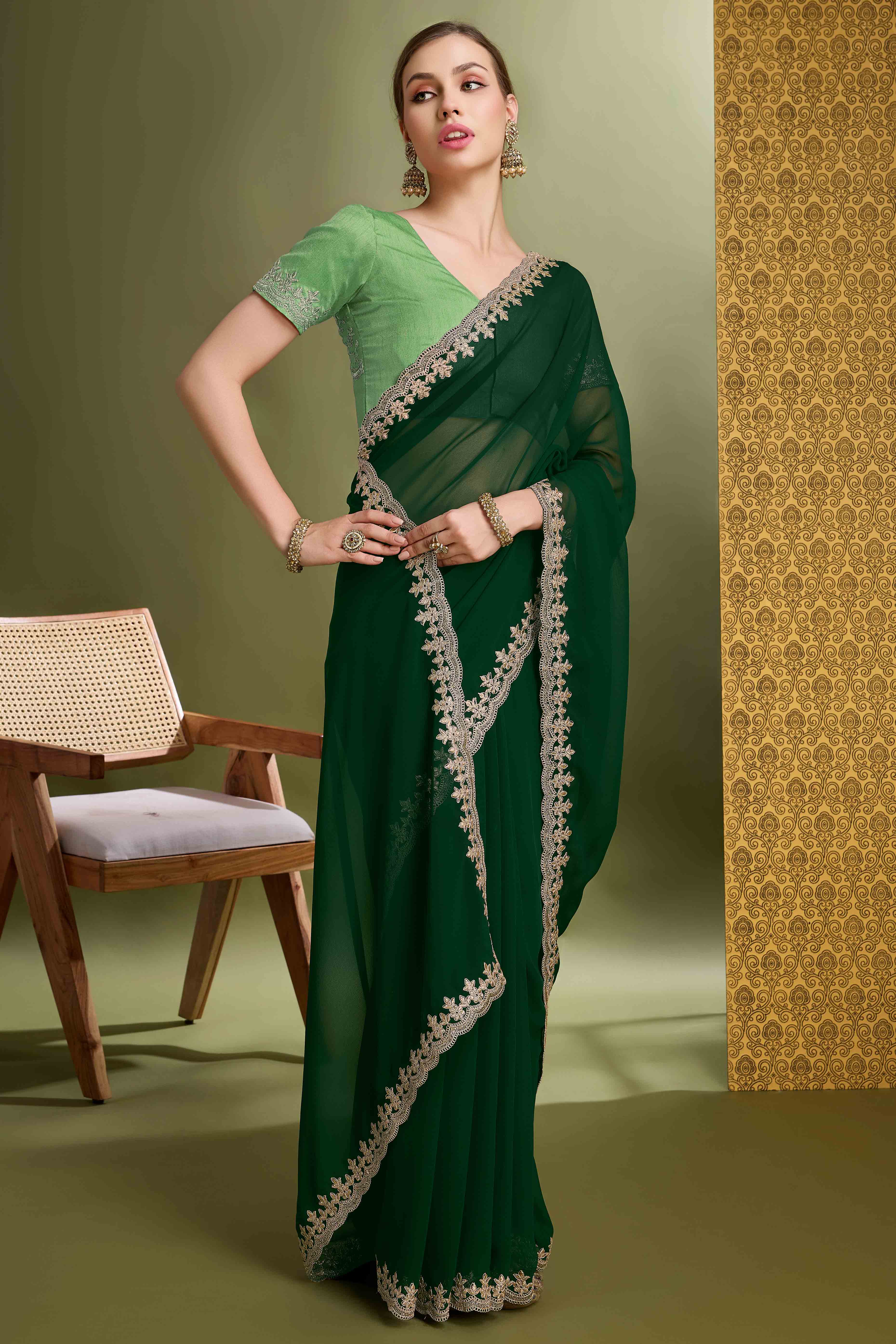 Green Solid With Zari Embroidered Georgette Saree