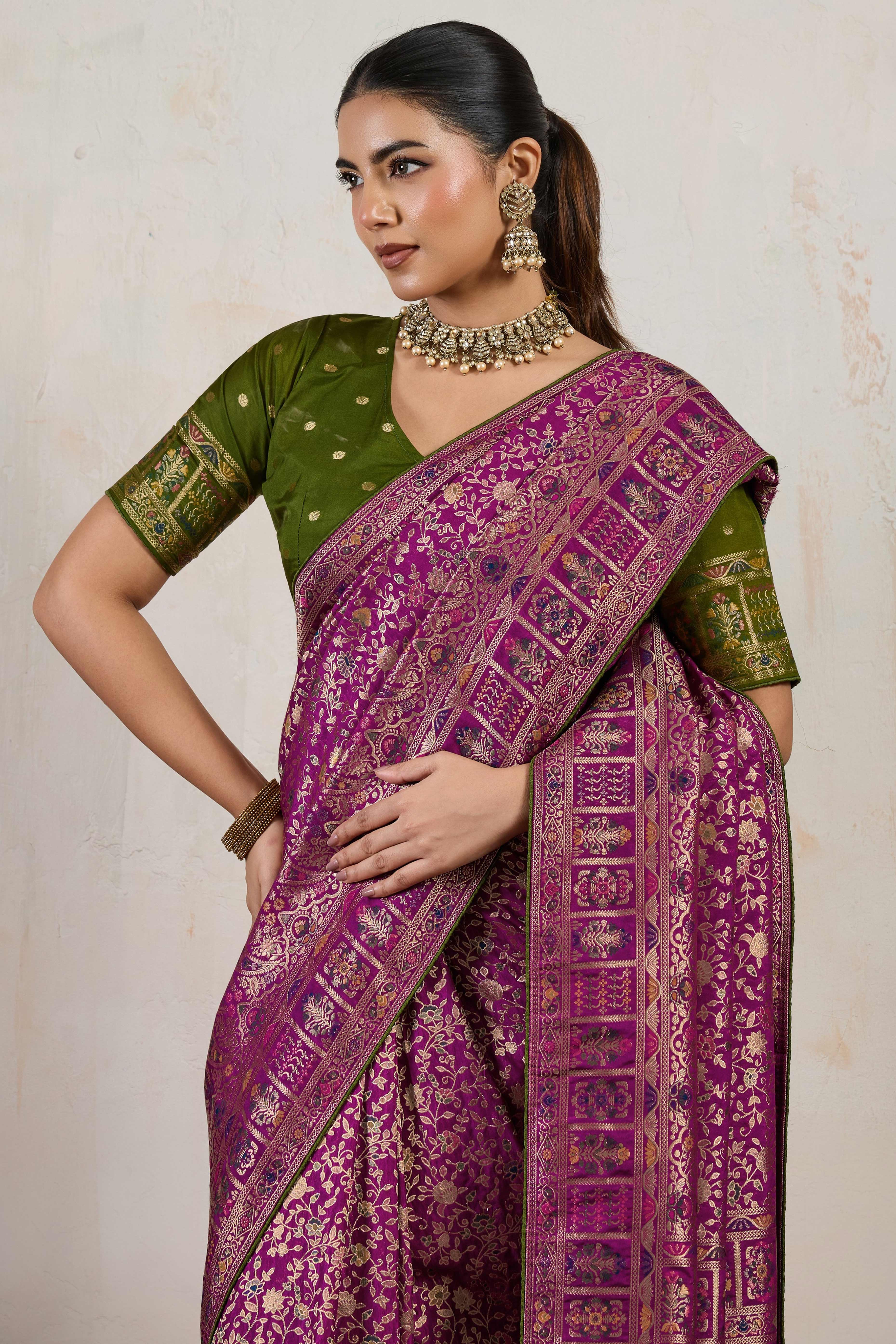 Purple Traditional Pure Silk Saree Highlighted with Luxurious Meenakari Zari Weaving Accents