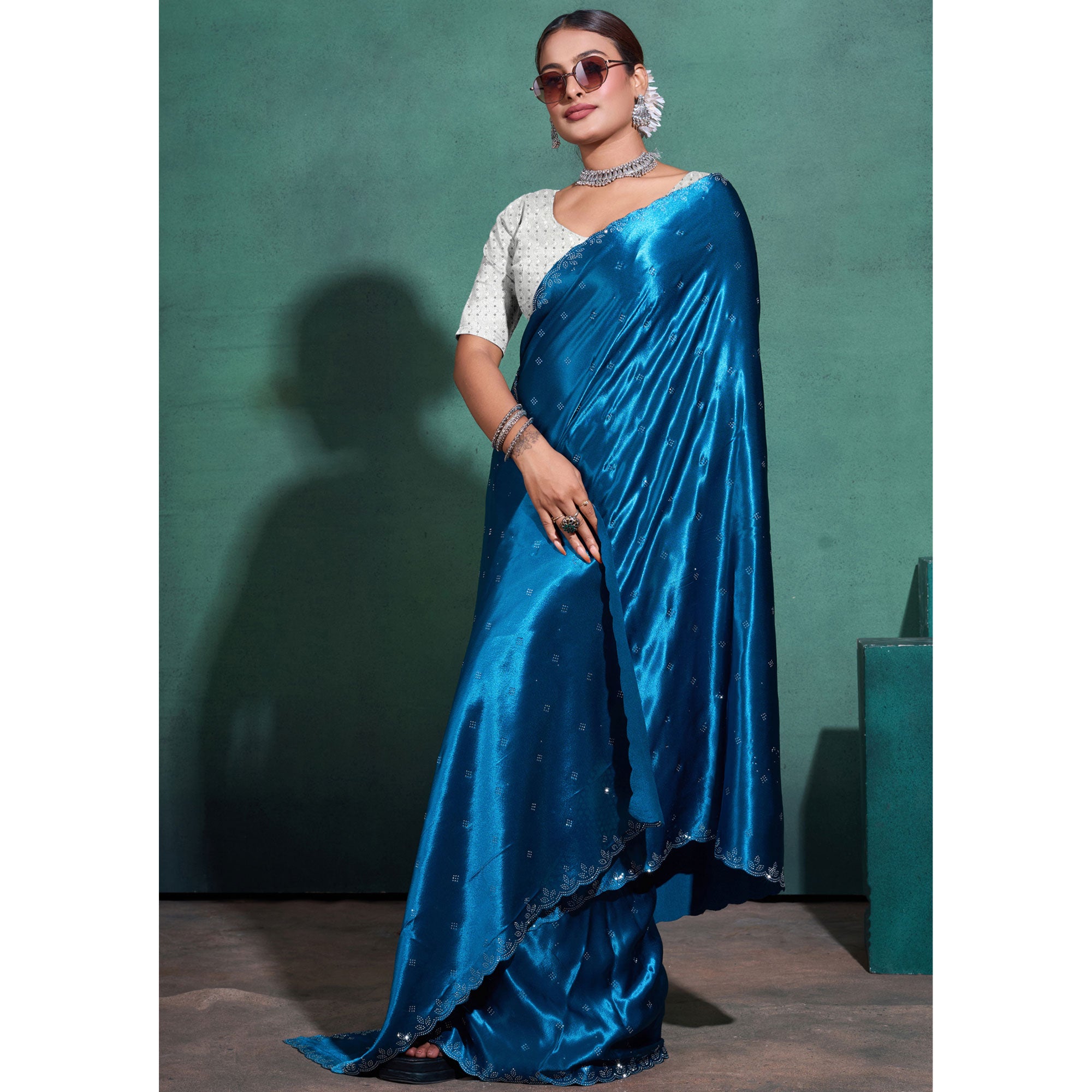 Blue Swarovski Work Embroidered Satin Saree