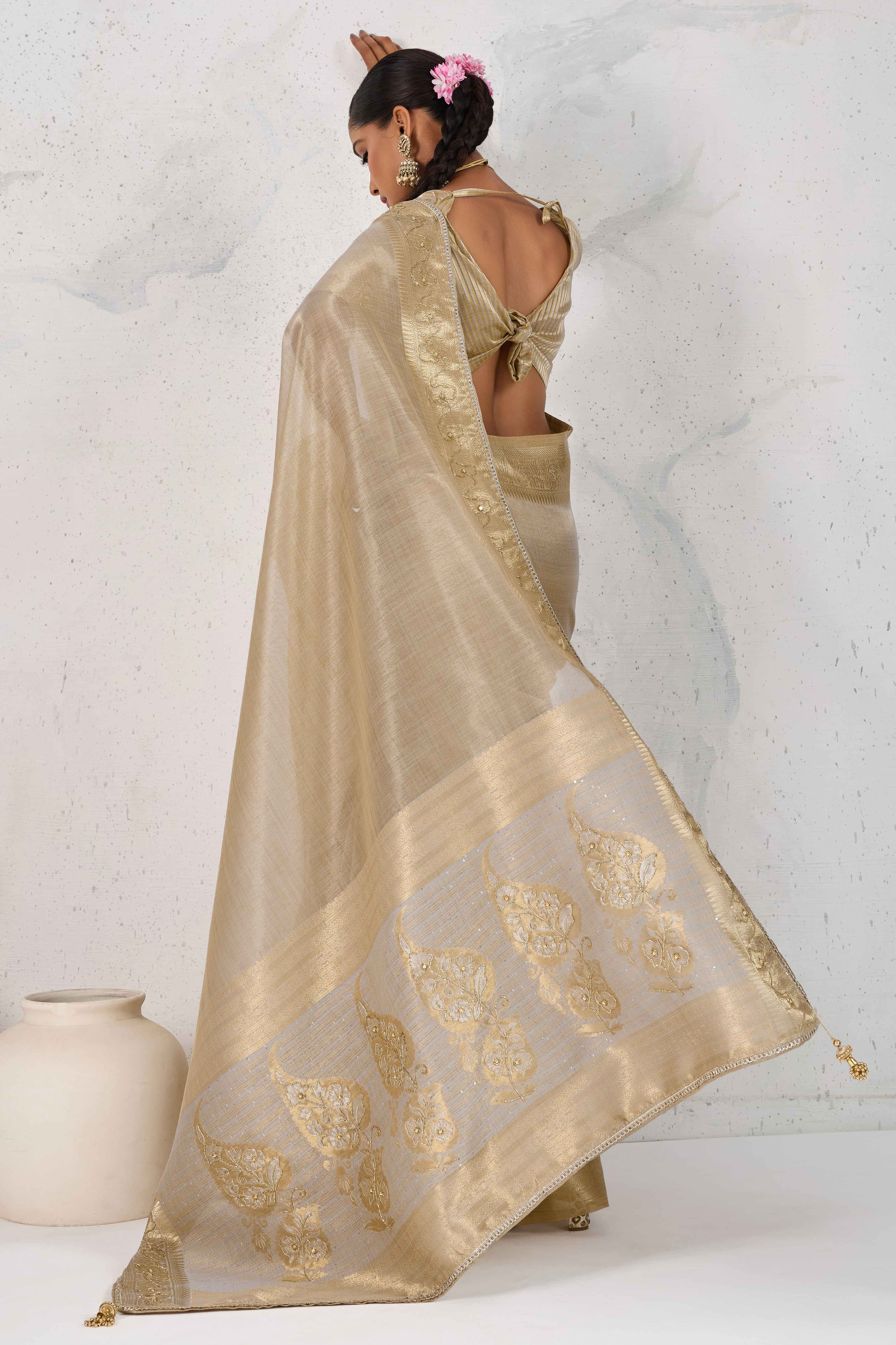 Grey Tissue Linen Saree Adorned With Intricate Zardosi & Pearl Cutdana Hand Embroidery