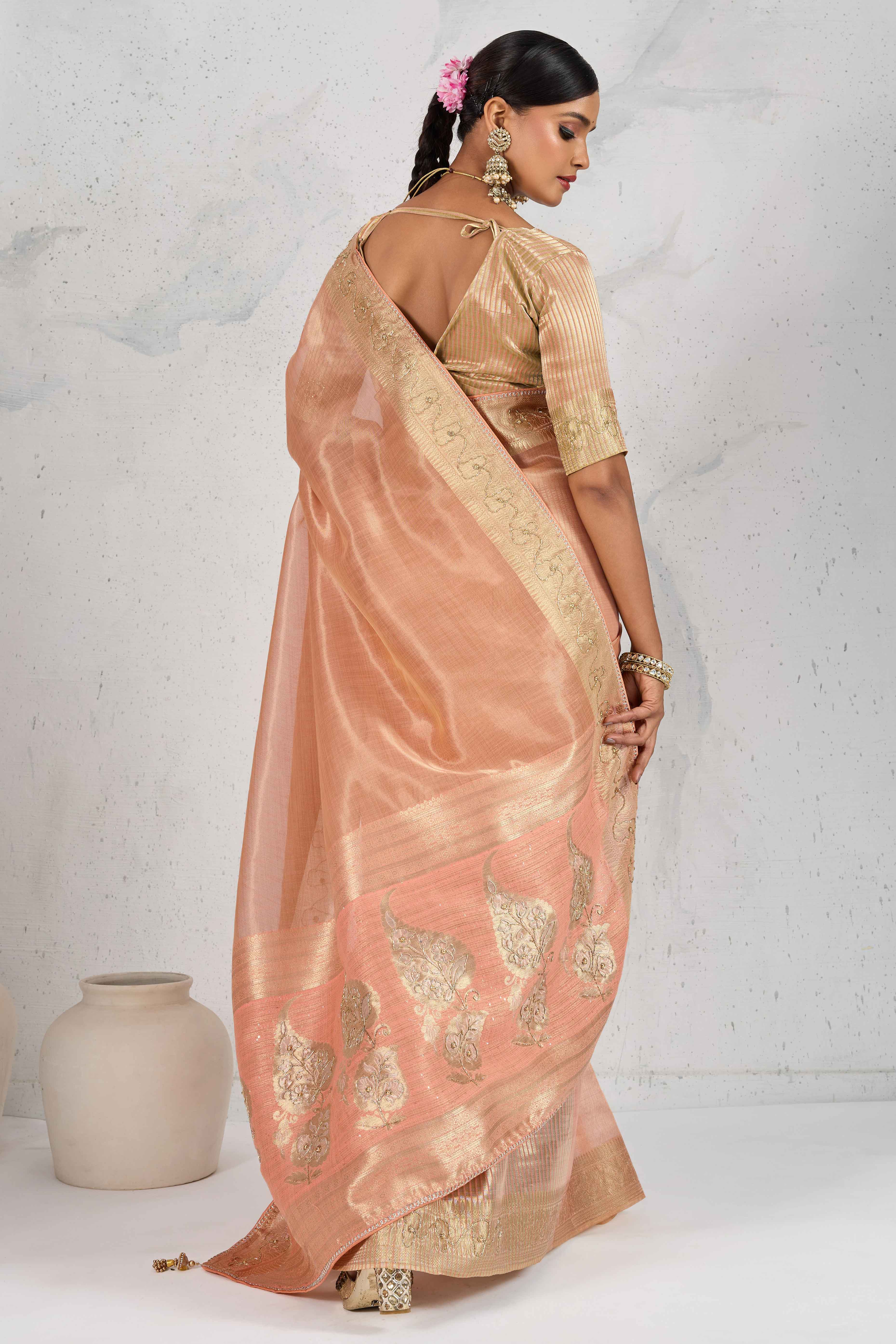 Peach Tissue Linen Saree Adorned With Intricate Zardosi & Pearl Cutdana Hand Embroidery