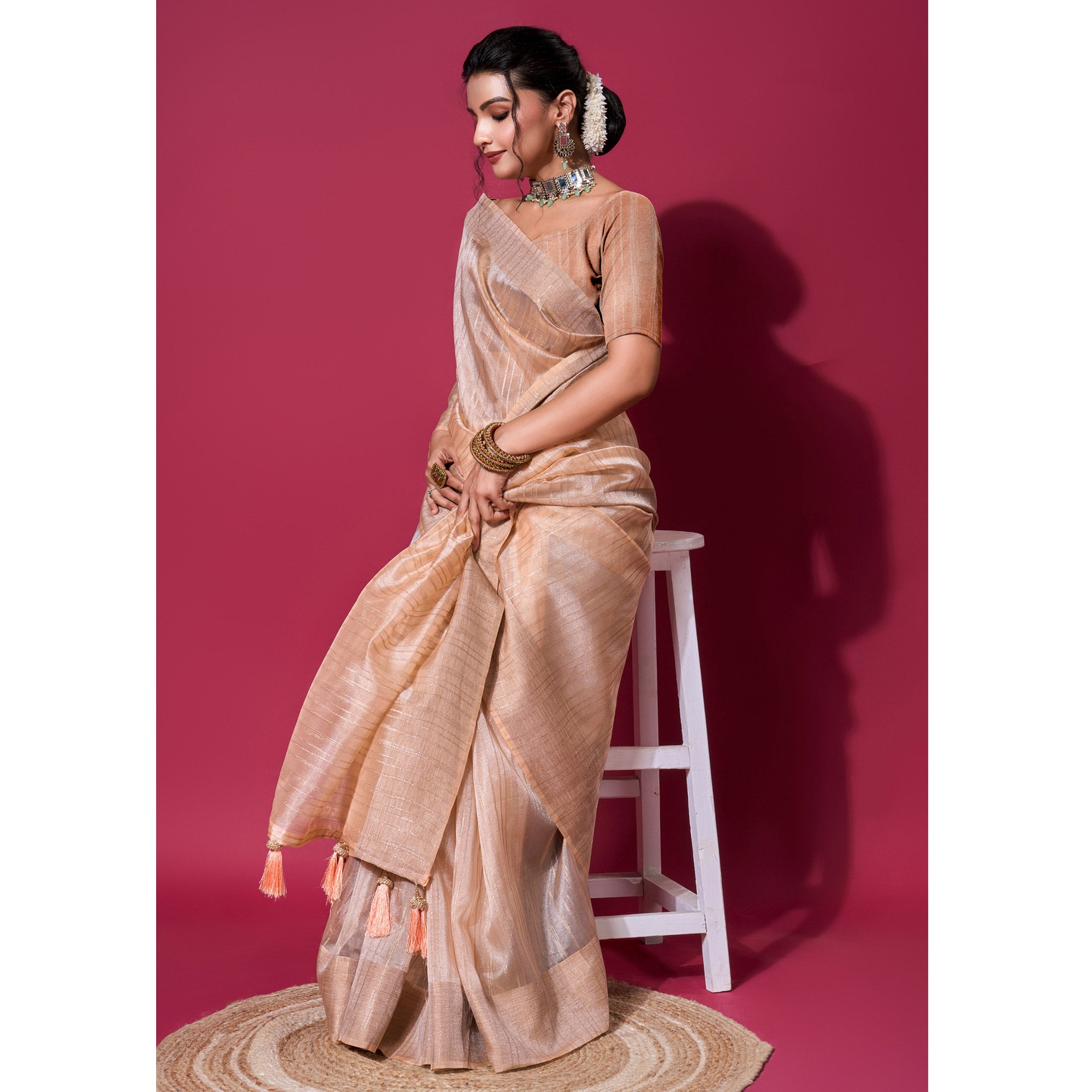 Beige Woven Organza Zari Saree With Tassels