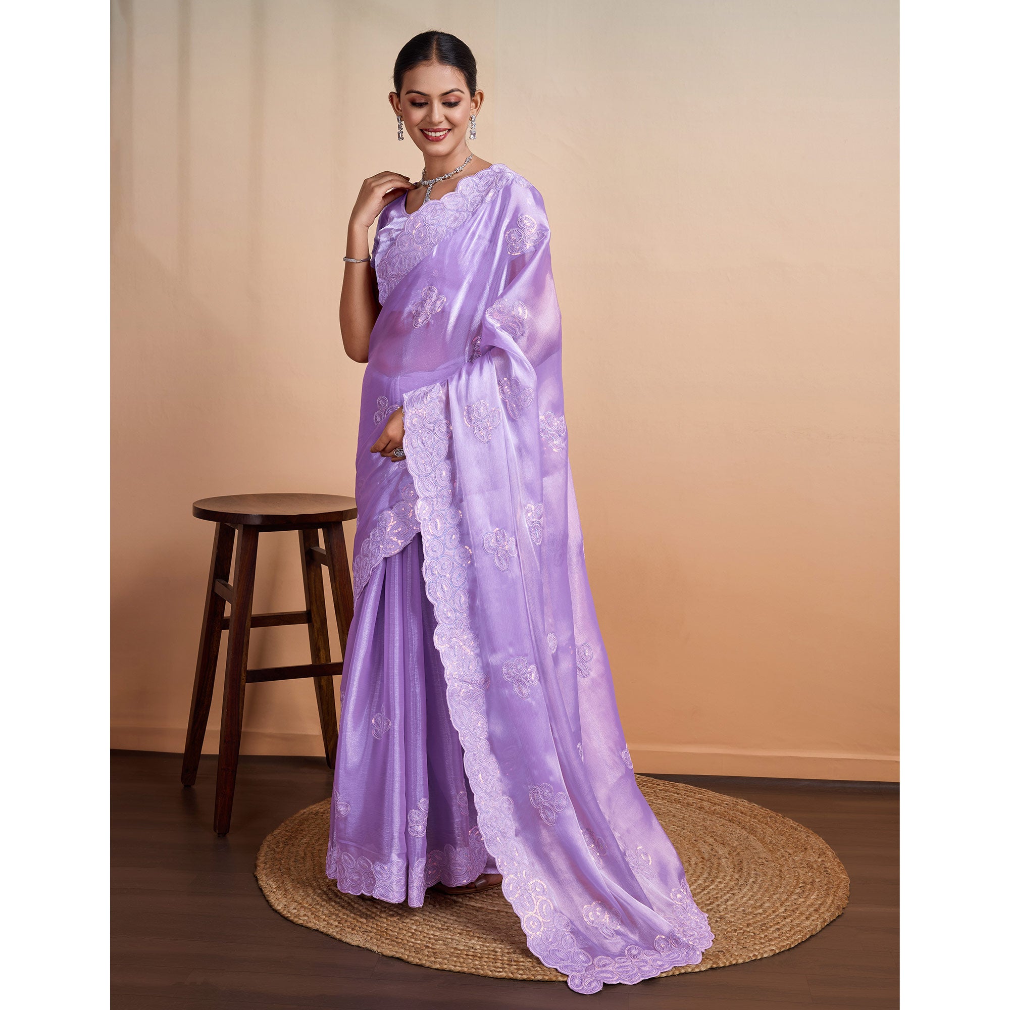 Lavender Sequins Embroidered Organza Saree