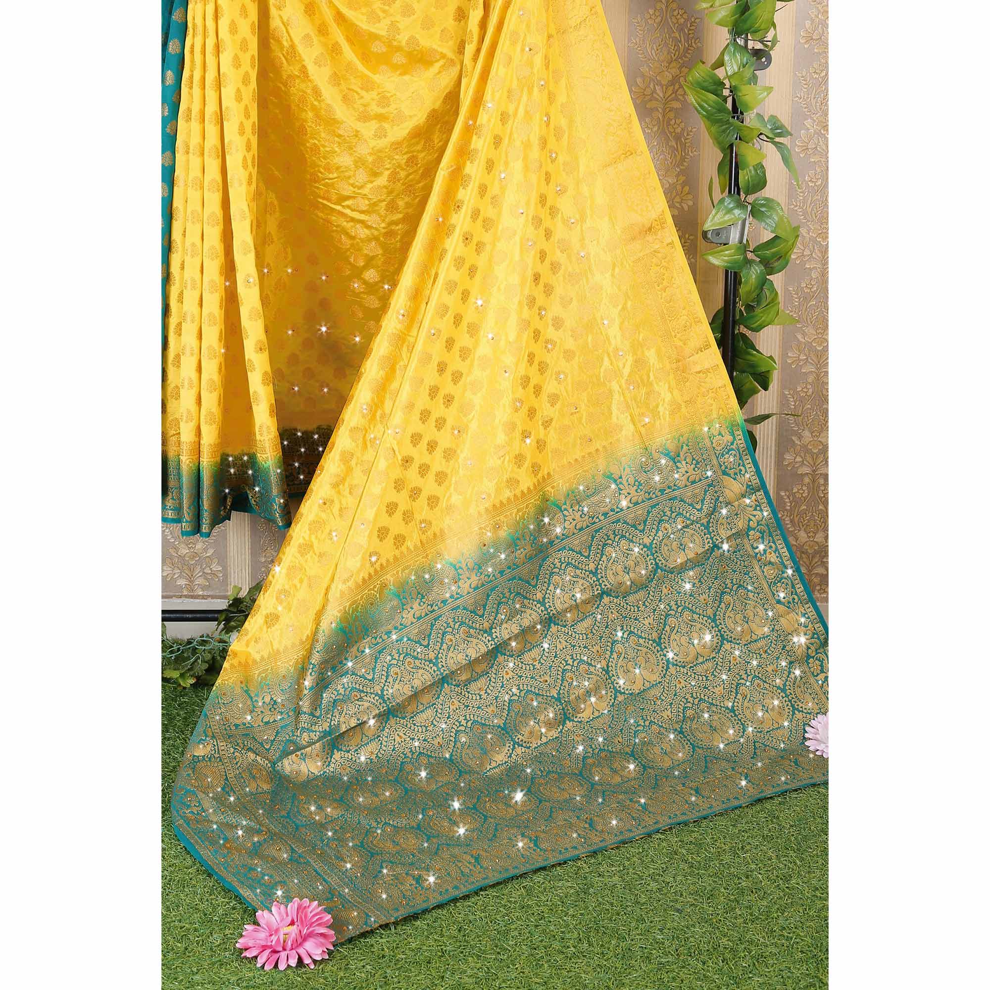 Yellow Woven With Stone Work Banarasi Silk Saree