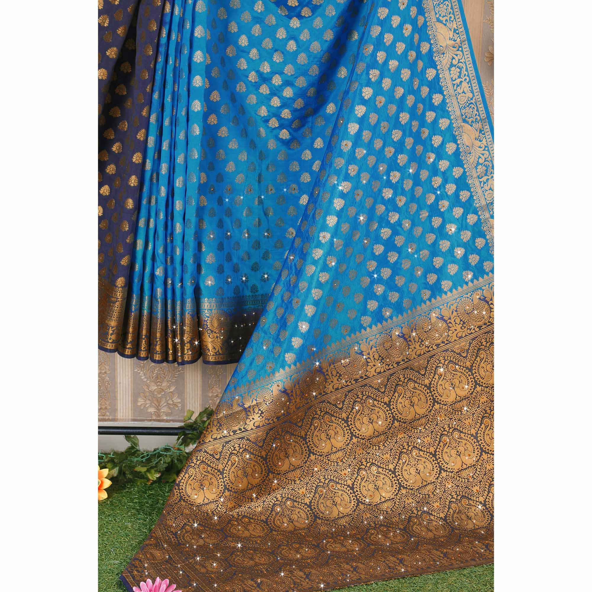 Blue Woven With Stone Work Banarasi Silk Saree
