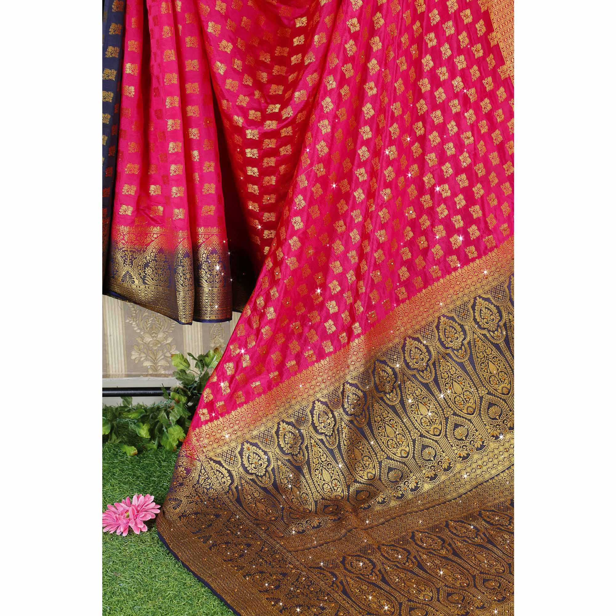 Pink Woven With Stone Work Banarasi Silk Saree