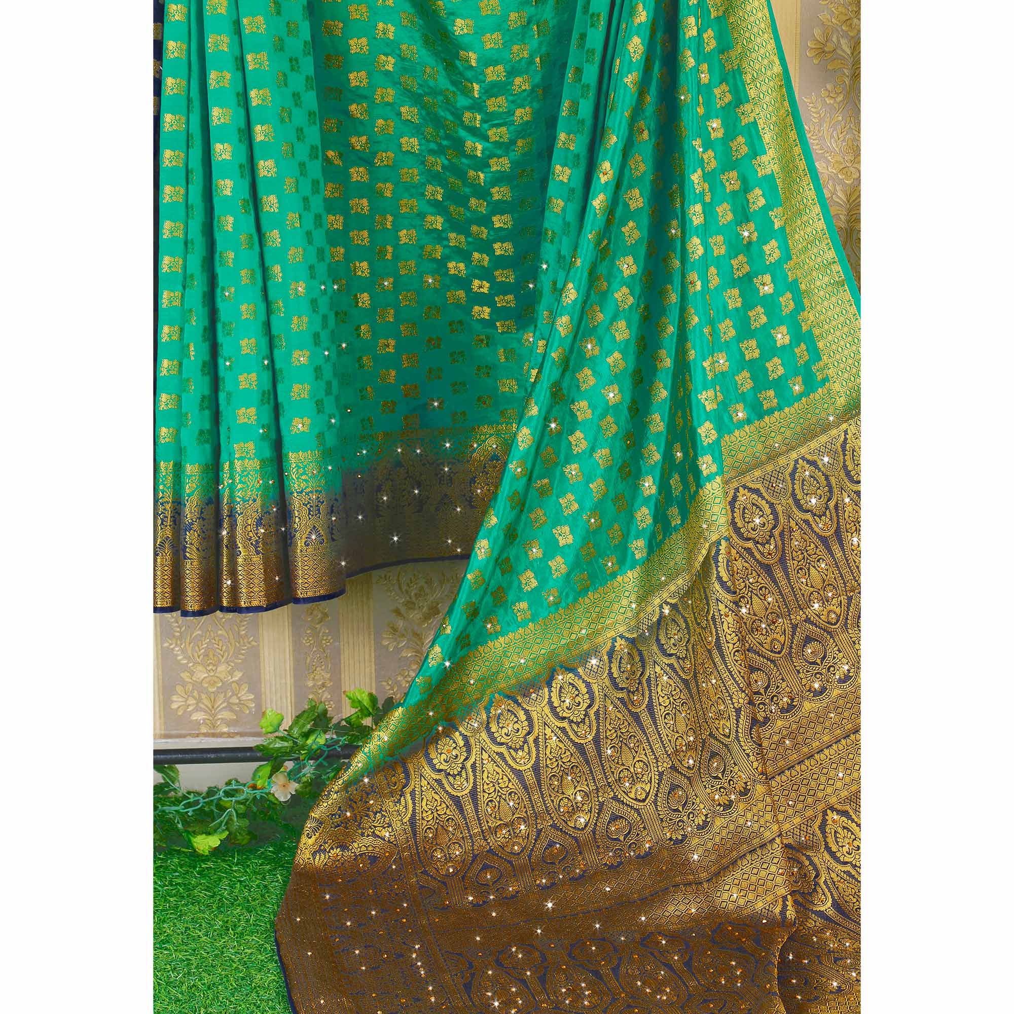 Green Woven With Stone Work Banarasi Silk Saree