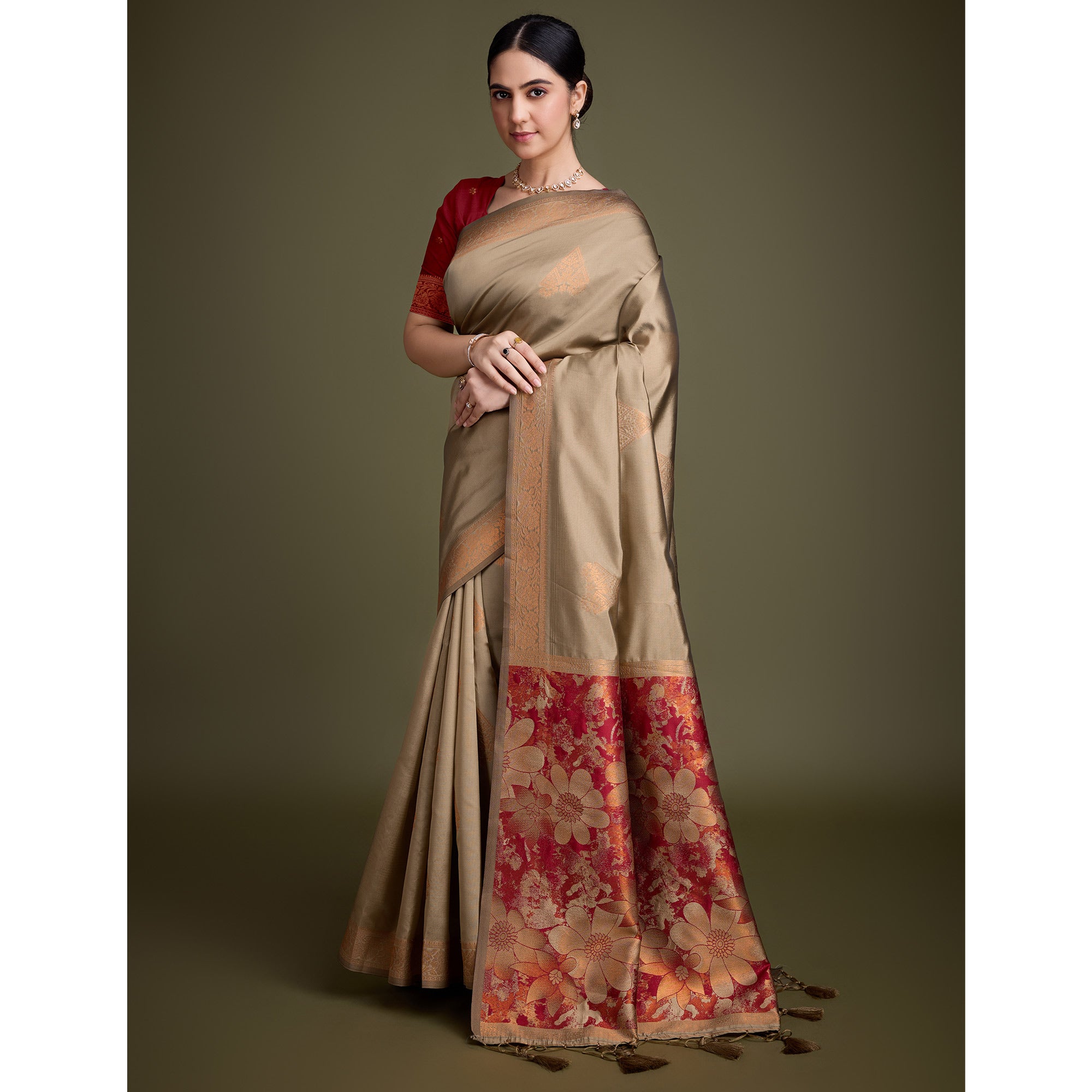 Chikoo Floral Woven Banarasi Silk Saree