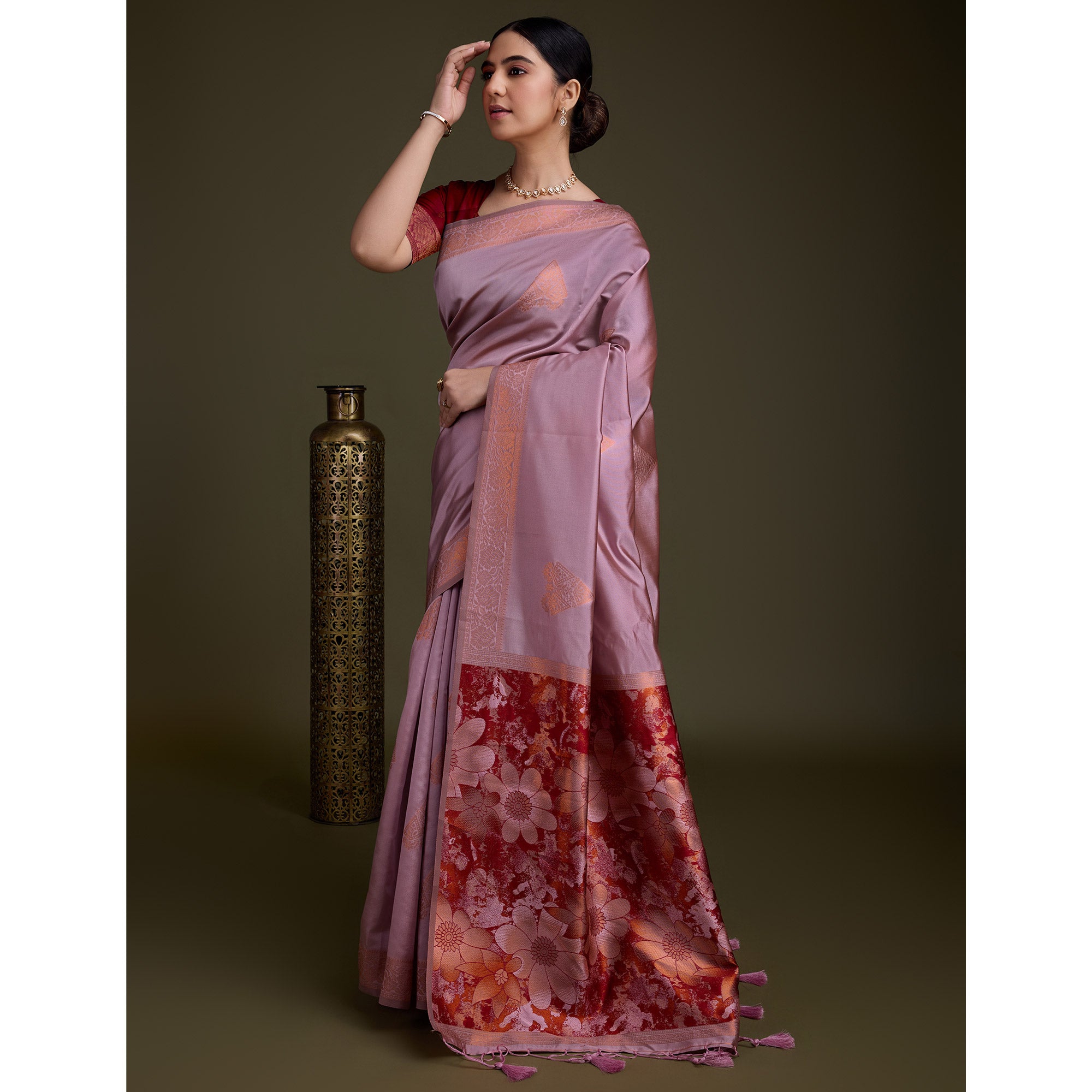 Dusty Pink Floral Woven Banarasi Silk Saree