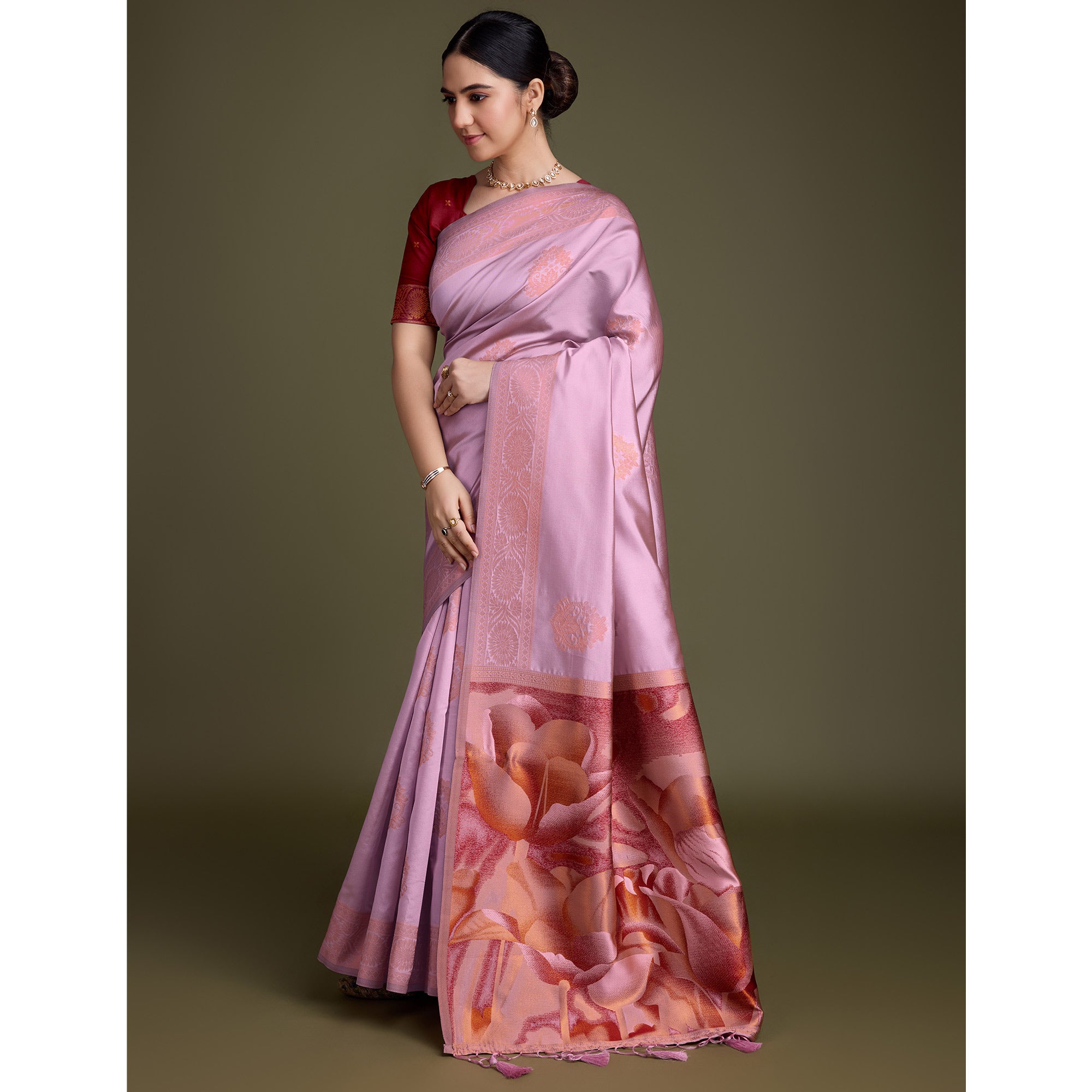 Pink Floral Woven Banarasi Silk Saree