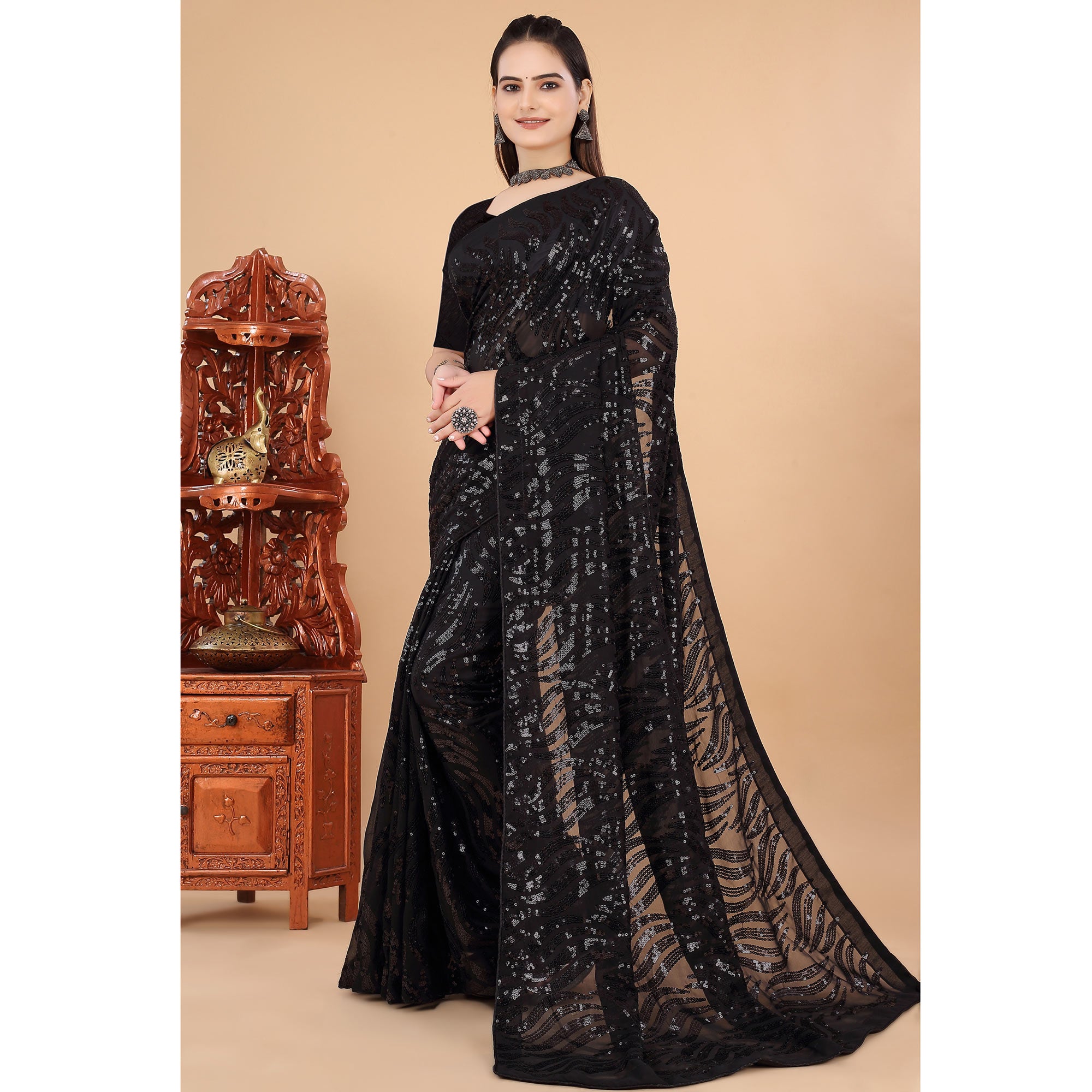 Black Sequins Embroidered Georgette Saree