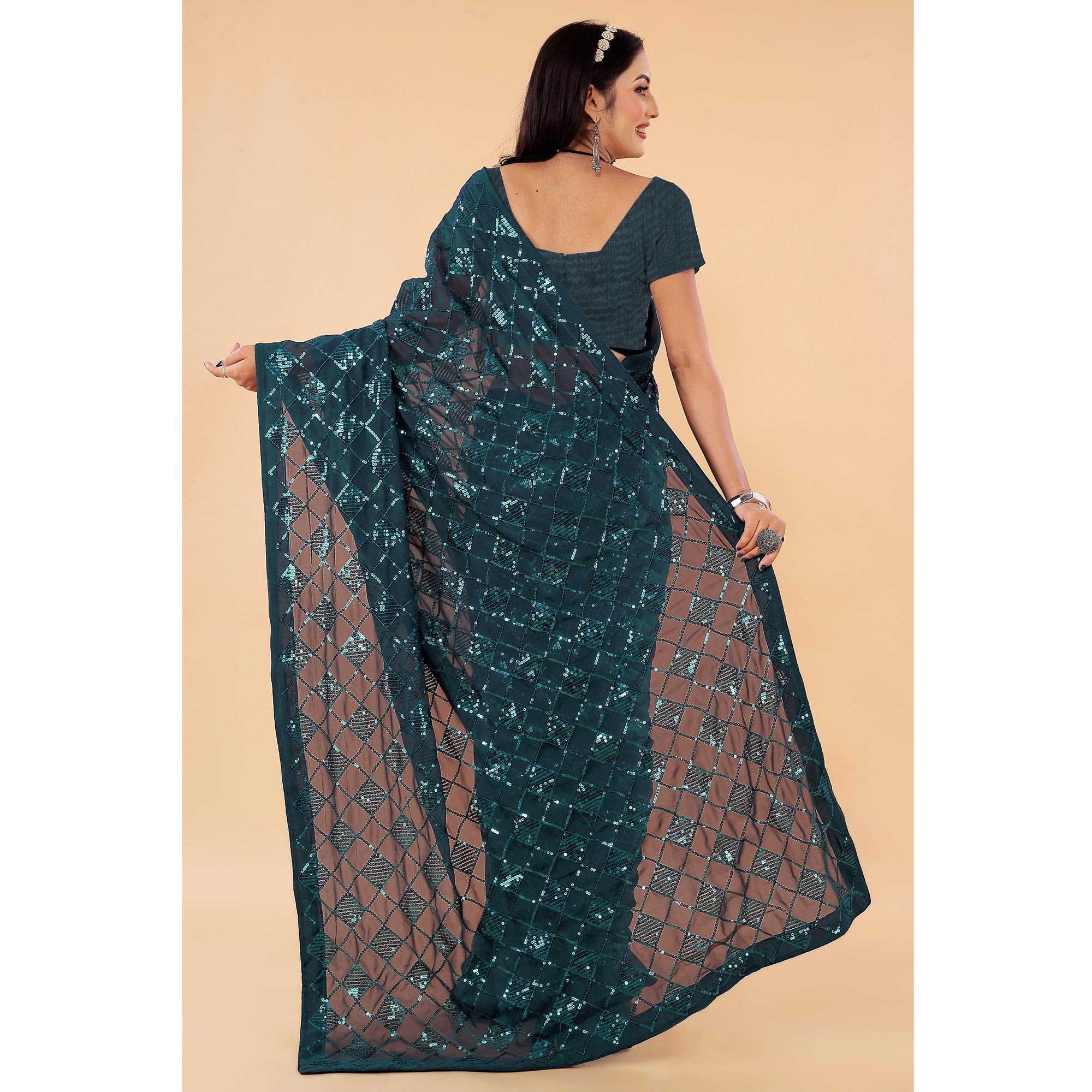 Teal Green Sequins Embroidered Georgette Saree