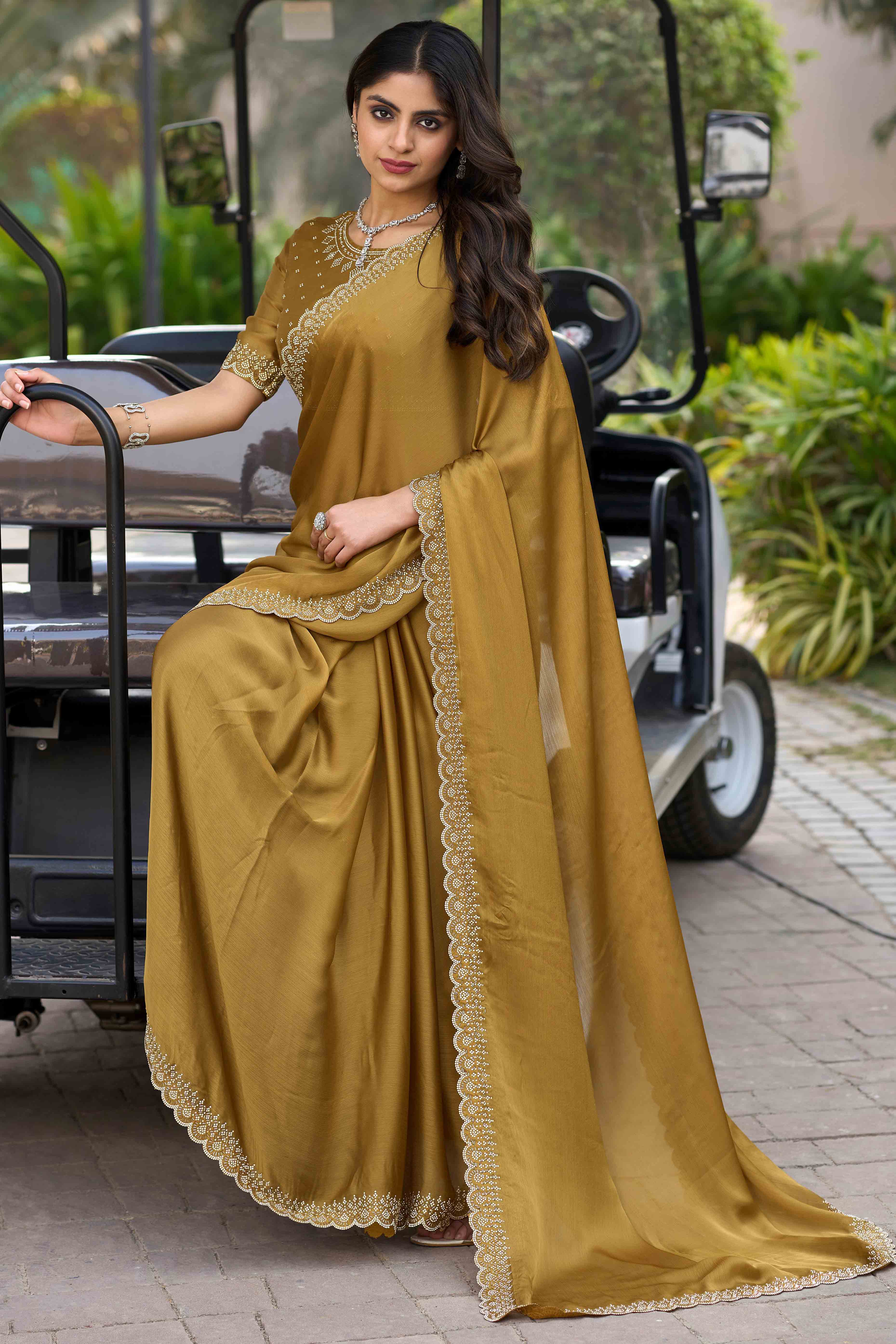 Mustard Solid Satin Chiffon Saree With Cutdana & Zarkan Handwork