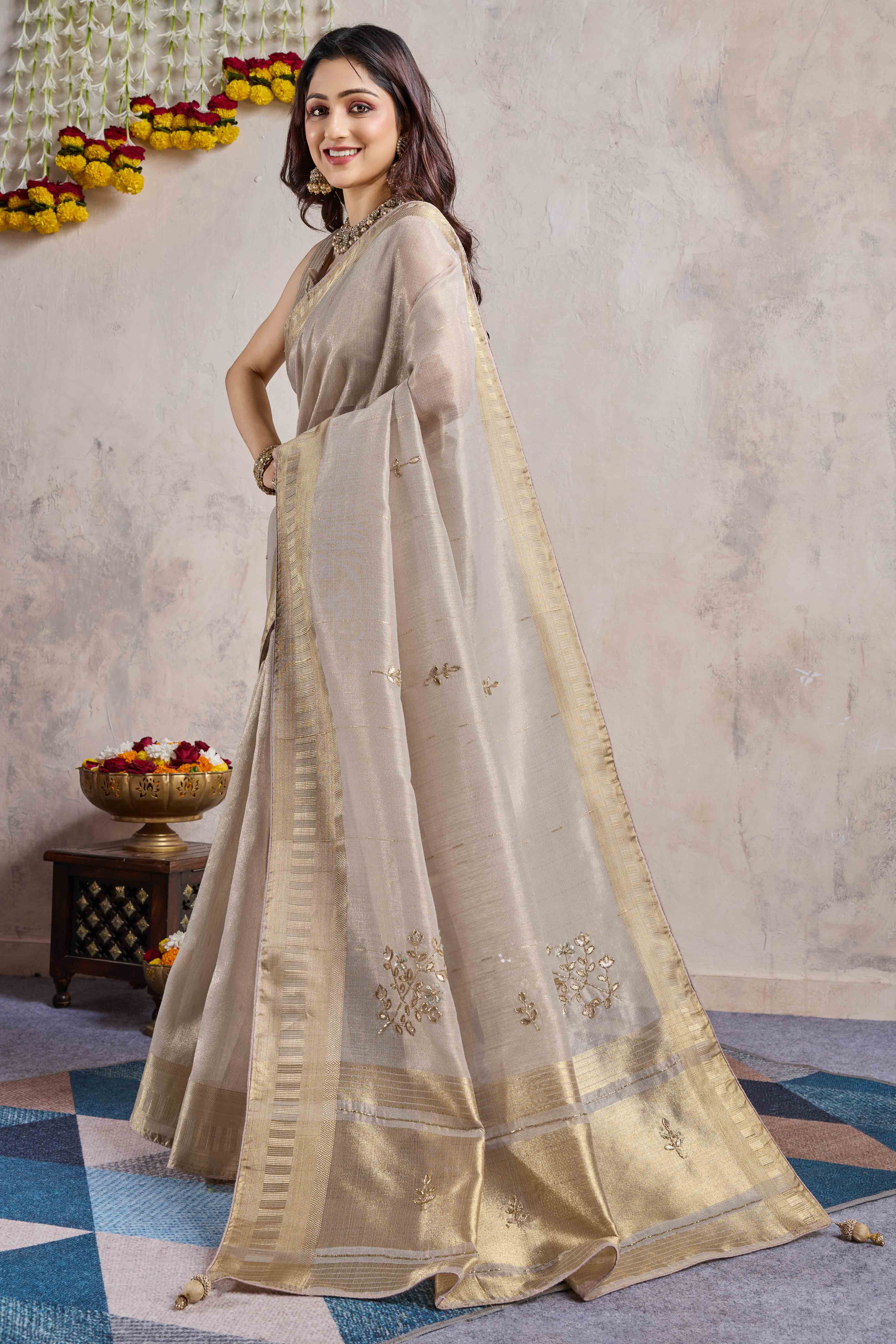 Grey Beads Work Woven Linen Slub Saree
