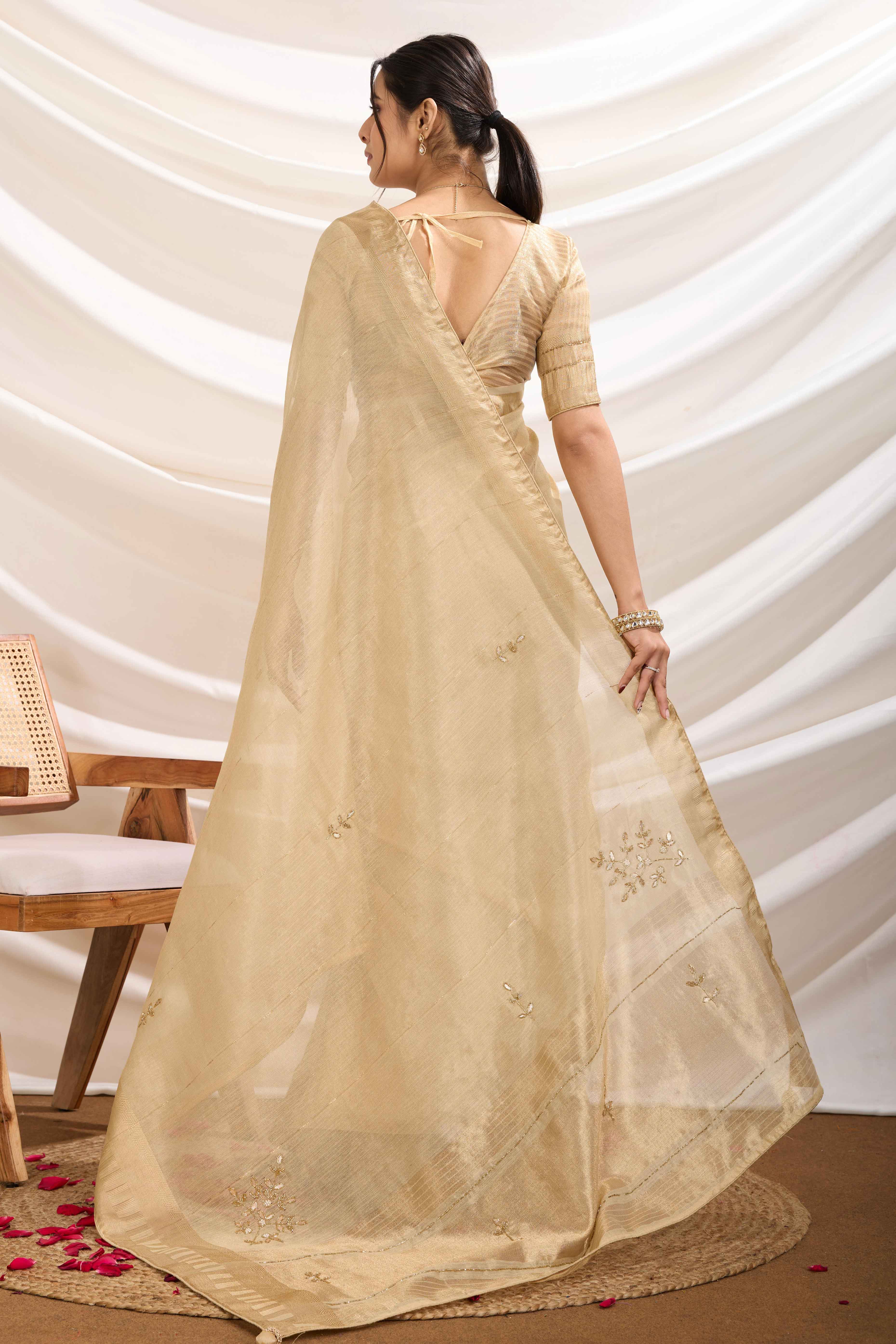 Chikoo Linen Tissue Saree With Hand-Stitched Moti & Cutdana Work