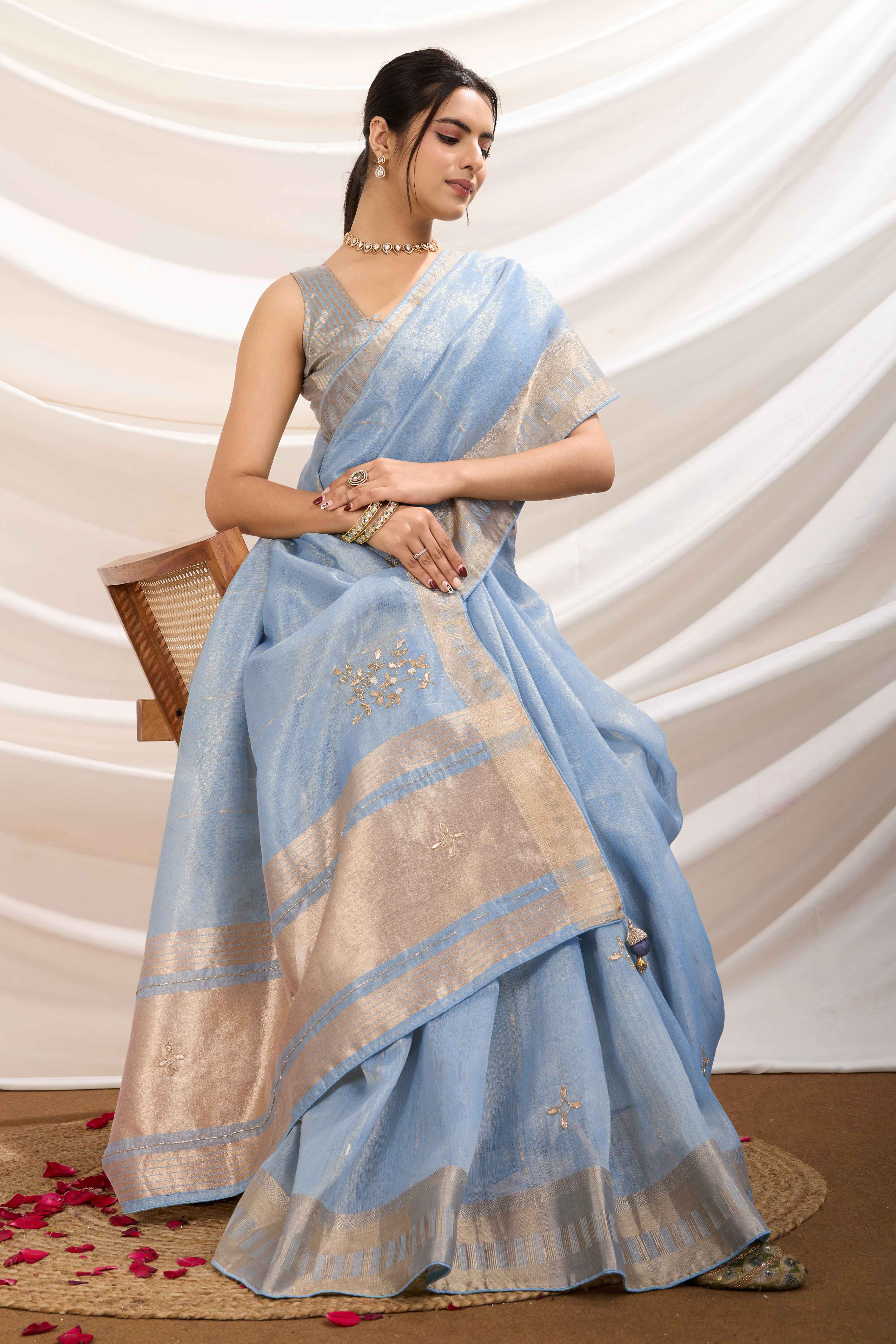 Bluyish Grey Linen Tissue Saree With Hand-Stitched Moti & Cutdana Work