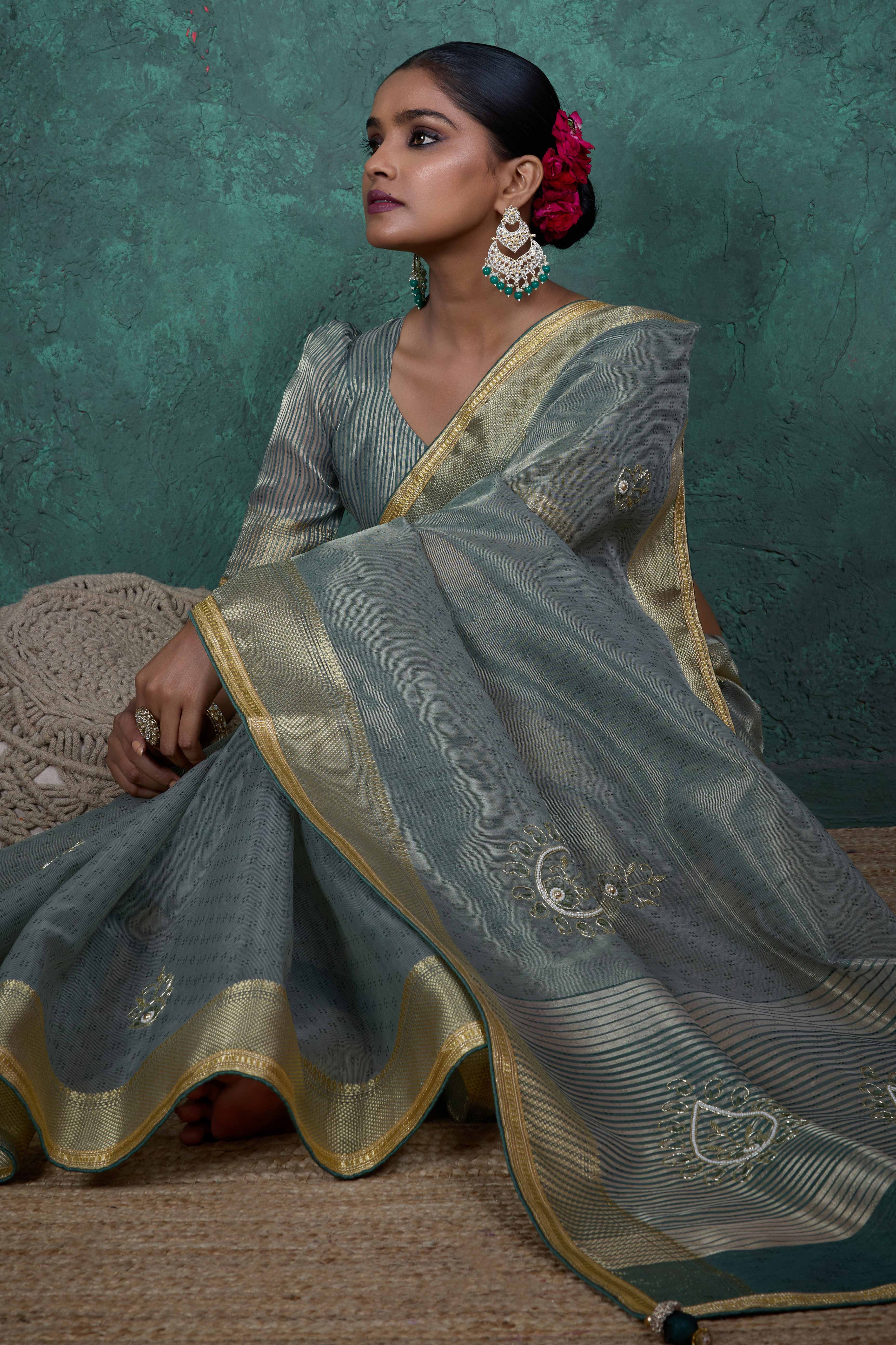 Greyish Green Woven Linen Tissue Saree Featuring Beads Embellishment