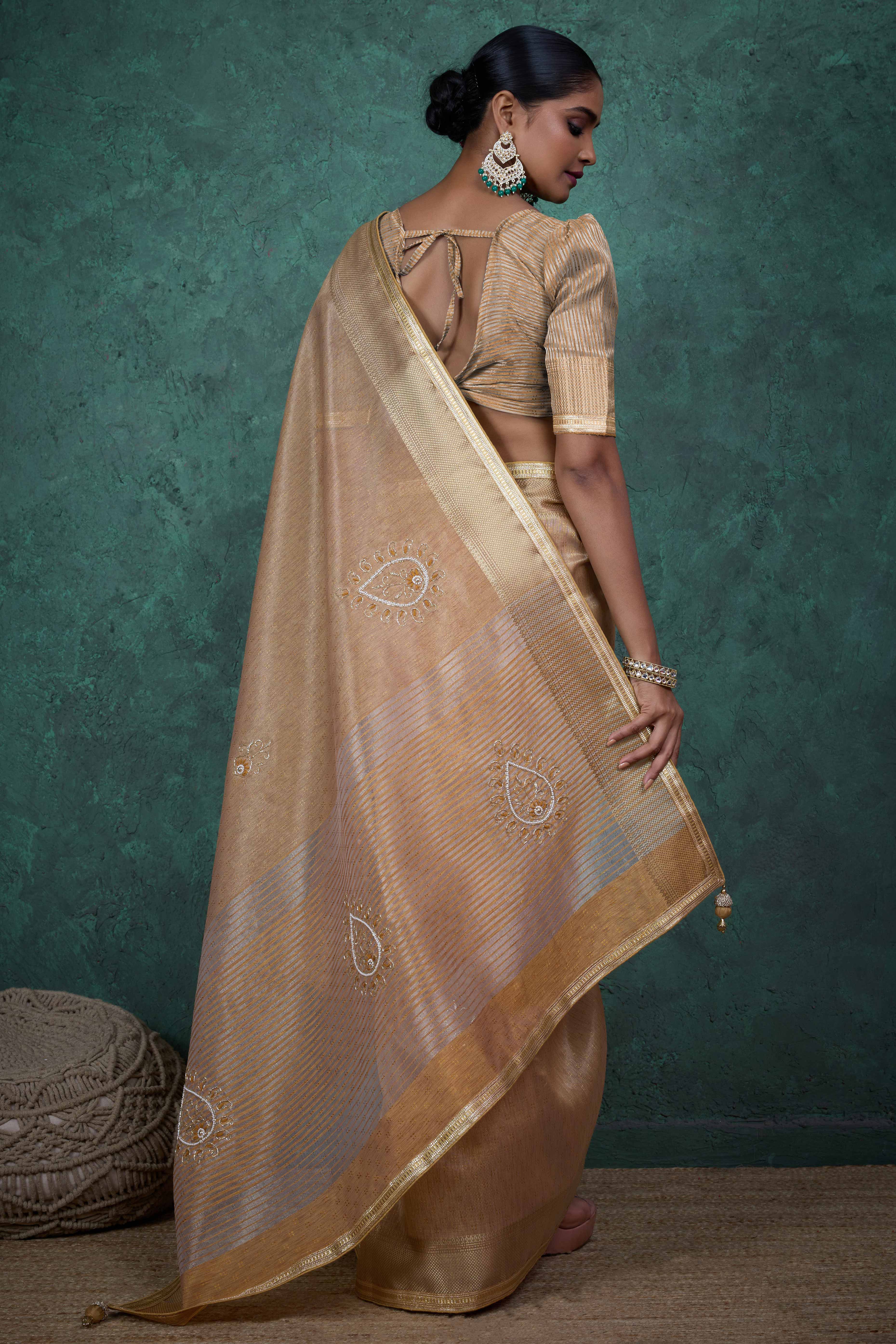 Beige Woven Linen Tissue Saree Featuring Beads Embellishment