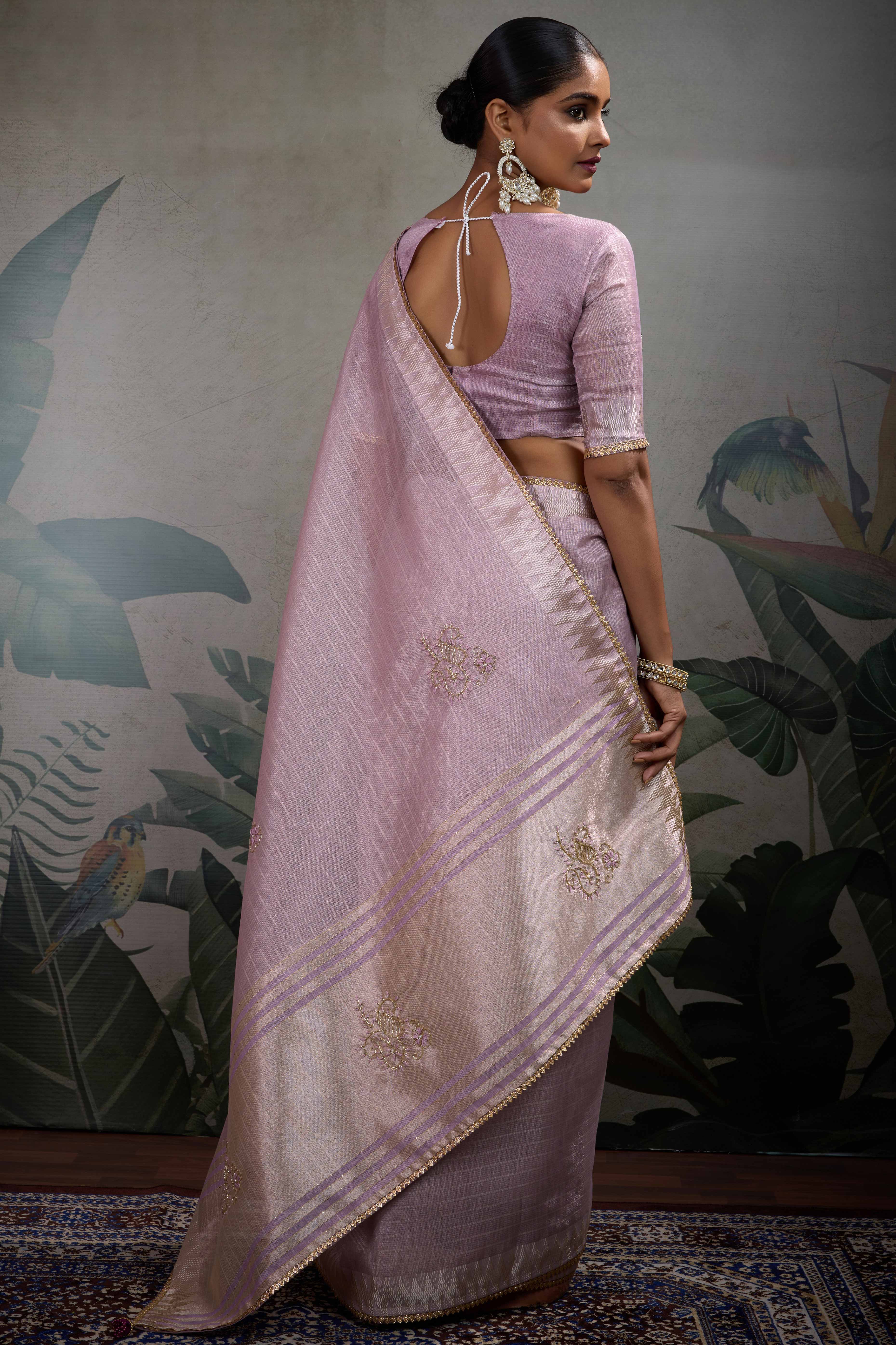 Mauve Linen Tissue Saree with Hand Beads Embellishment