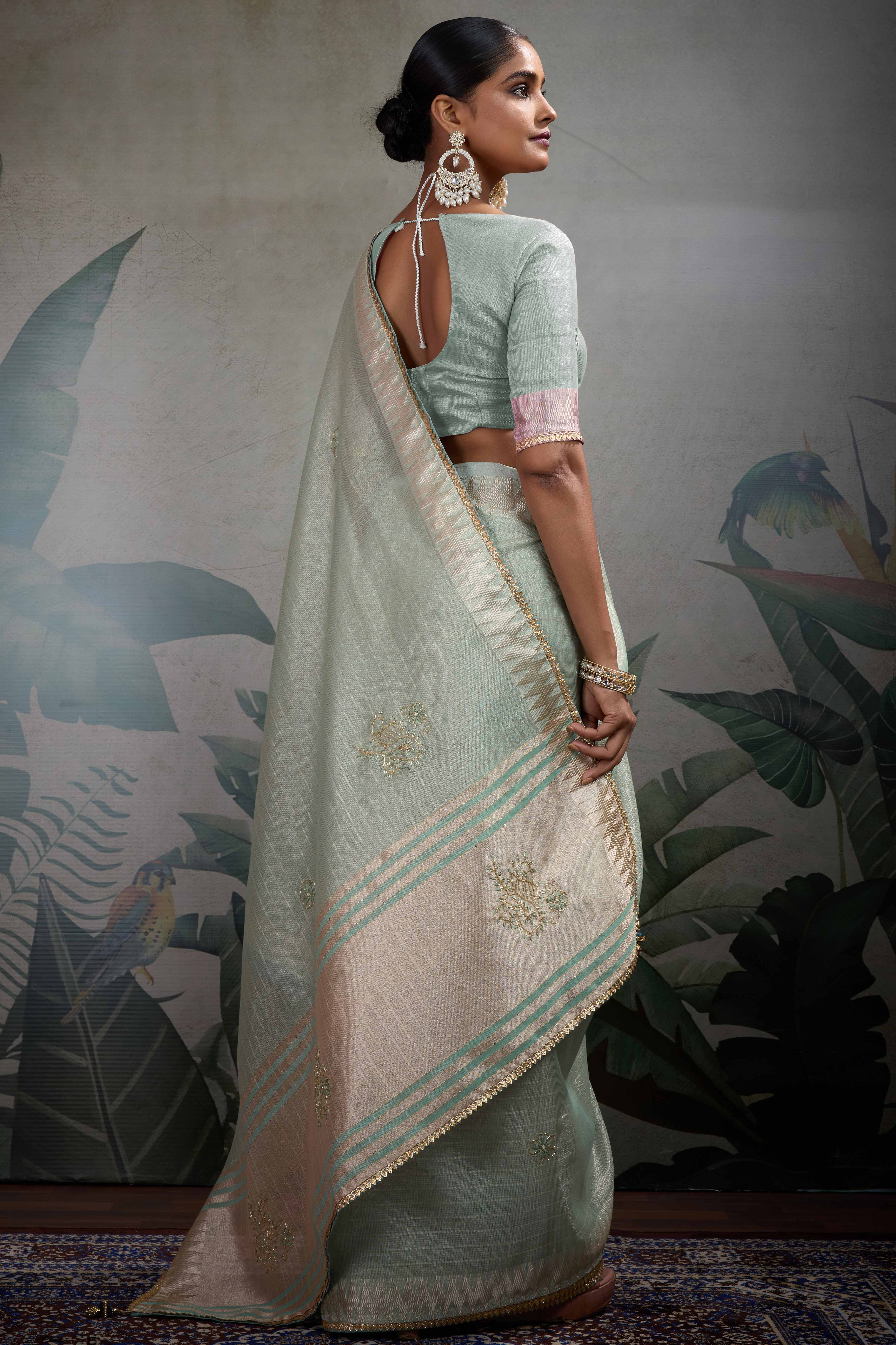 Mint Green Linen Tissue Saree with Hand Beads Embellishment
