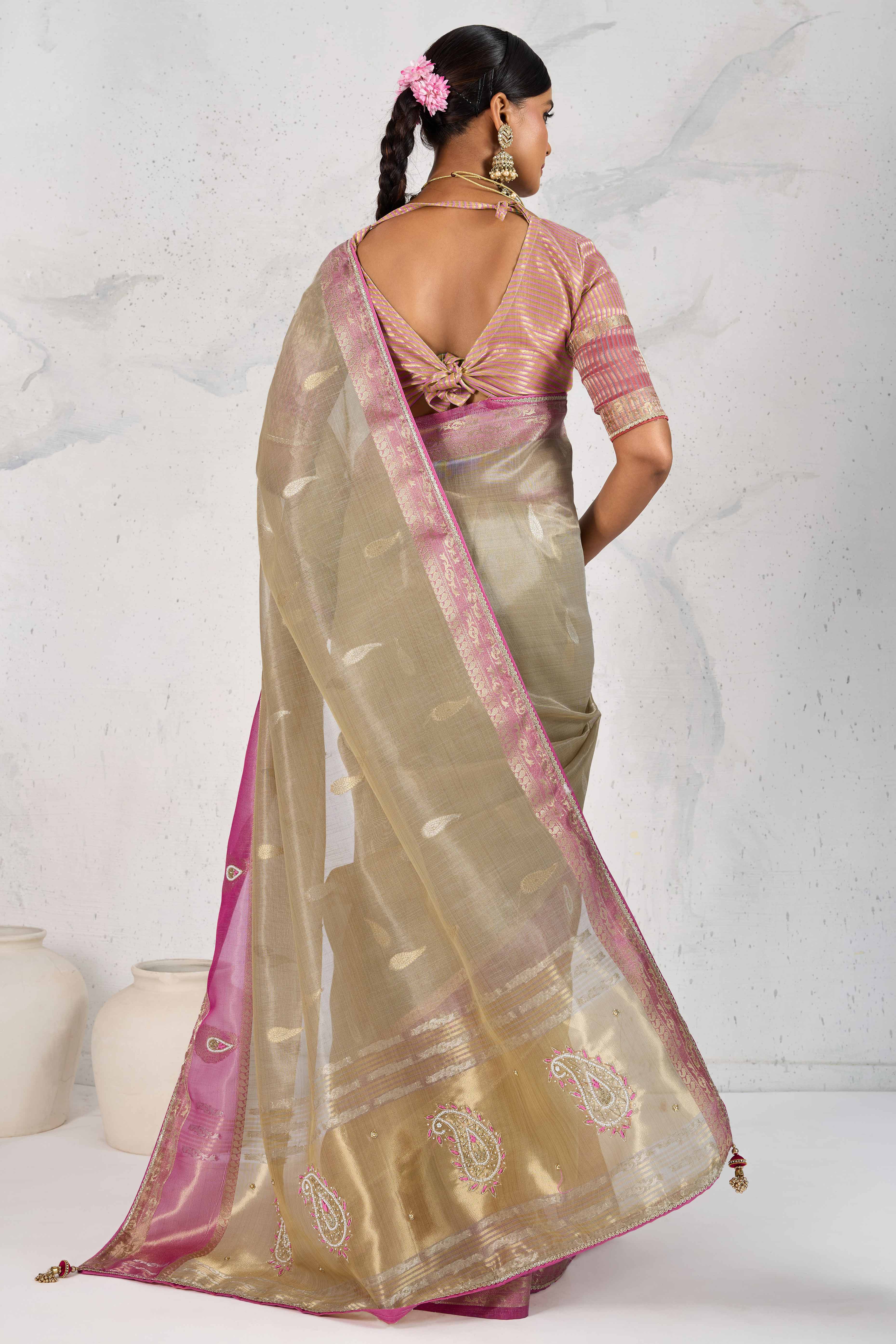 Beige Designer Tissue Linen Woven Saree with Luxe Zari and Beads Work